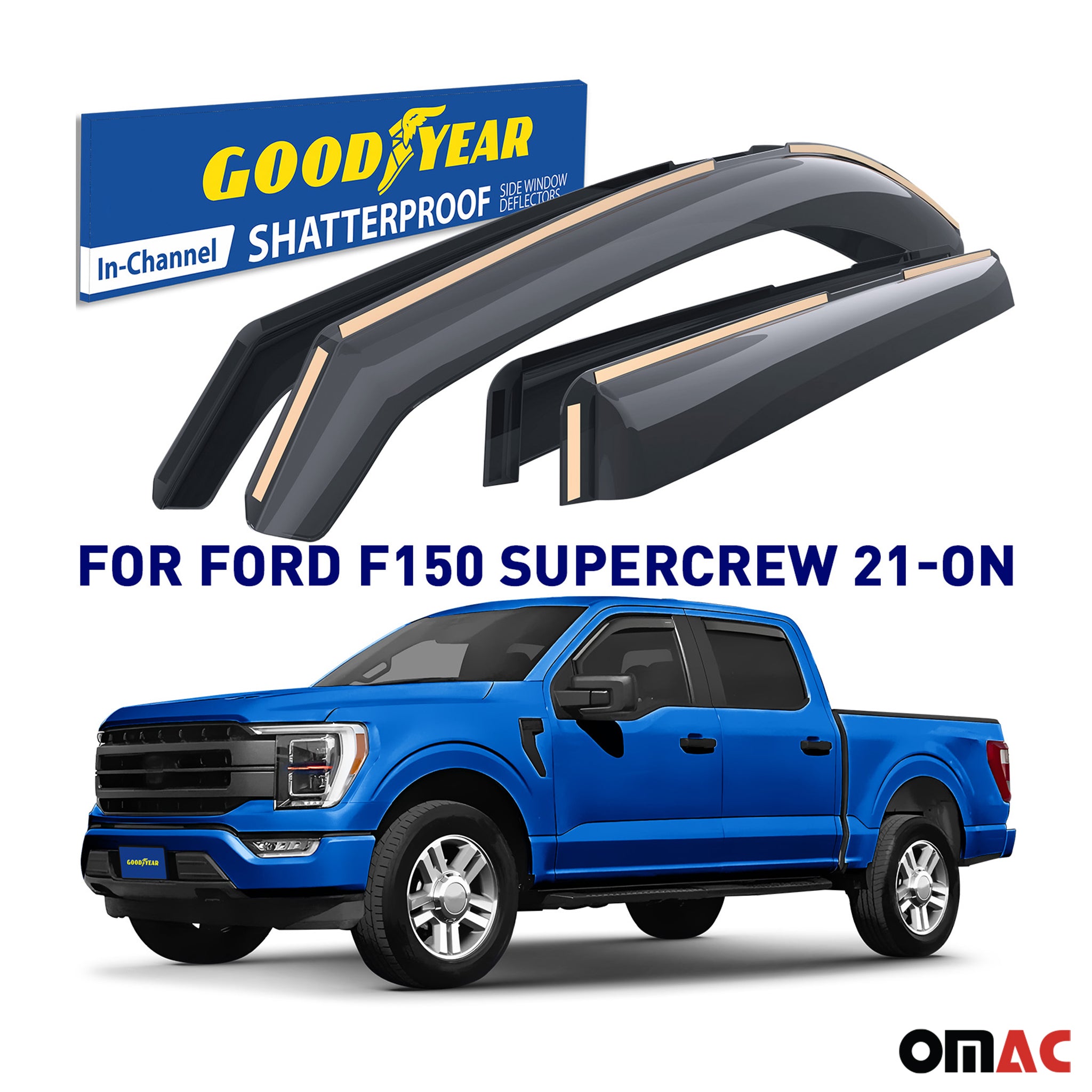 Goodyear Wind Deflectors for Ford F150 2021-2025 SuperCrew In-channel Smoke 4x