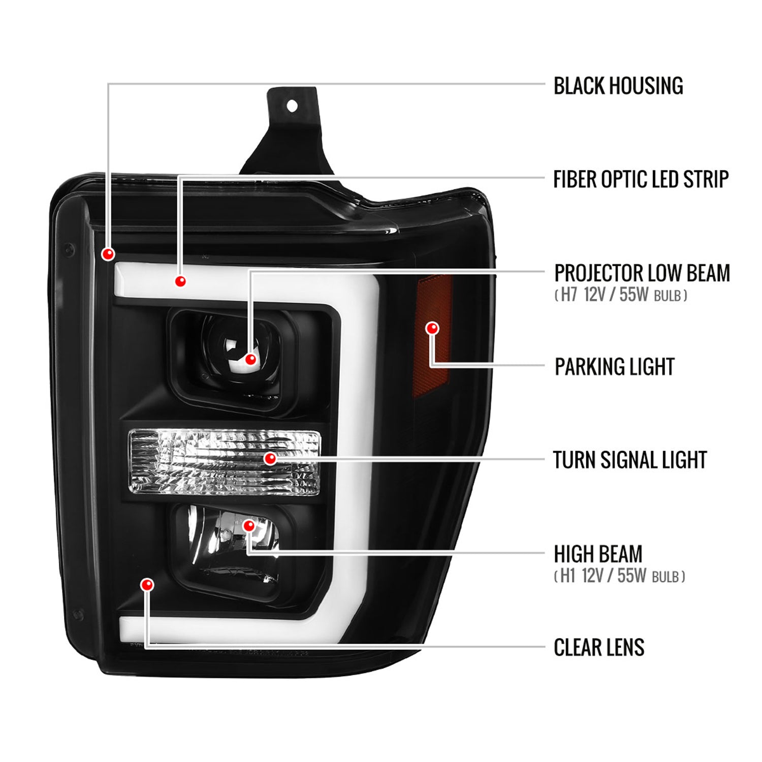 2008-2010 Ford F-250 F350 F-450 LED C-Bar Projector Headlight Matt Black/Clear