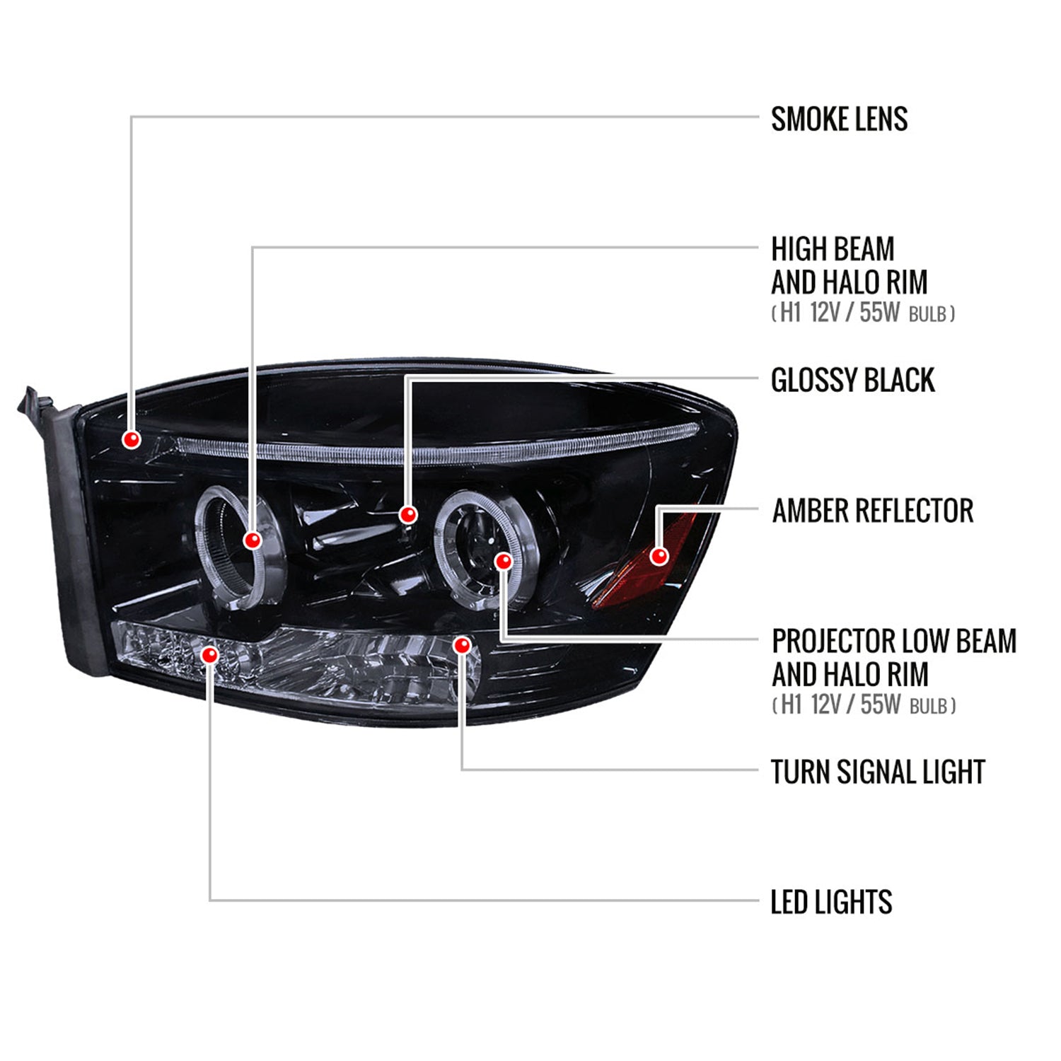 2006-2008 Dodge RAM 1500/ 06-2009 RAM 2500 3500 Dual Halo Headlights Smoke