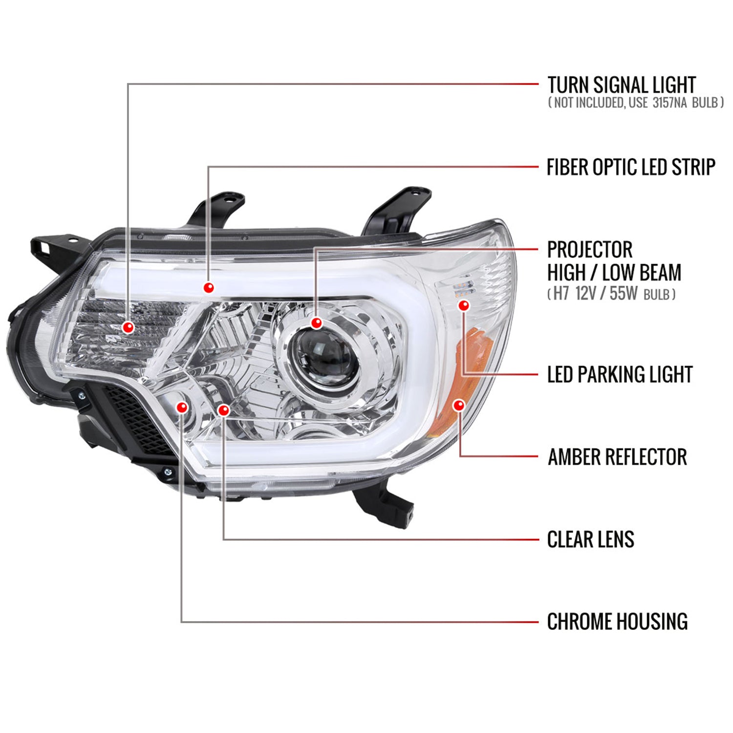 2012-2015 Toyota Tacoma LED CBar Projector Headlights LED Parking Light Chrome