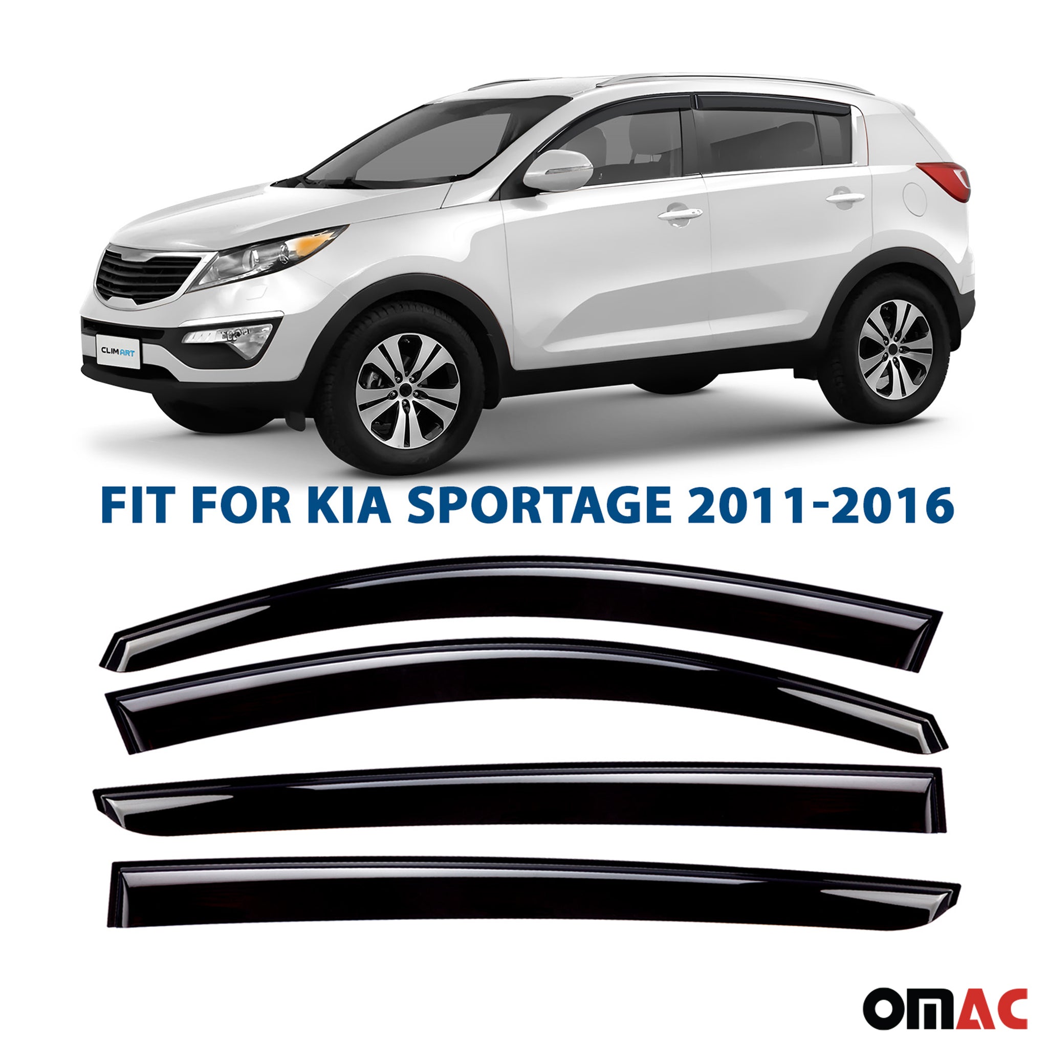 Clim Art Wind Deflectors for Kia Sportage 2011-2016 Shatterproof Tape-On Dark 4x