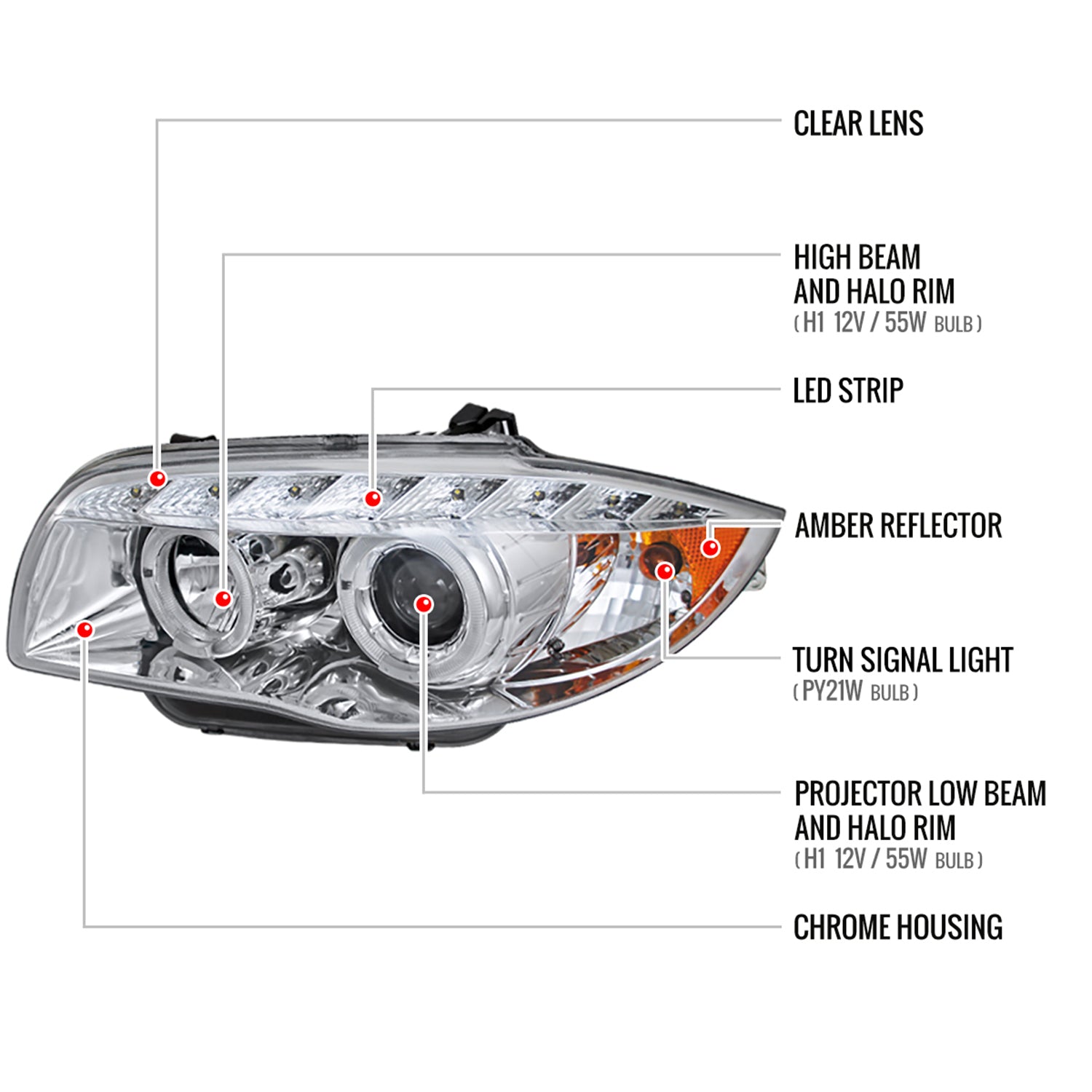 2004-2013 BMW E81 E82 E87 E88 Dual Halo Projector Headlights LED Light Chrome