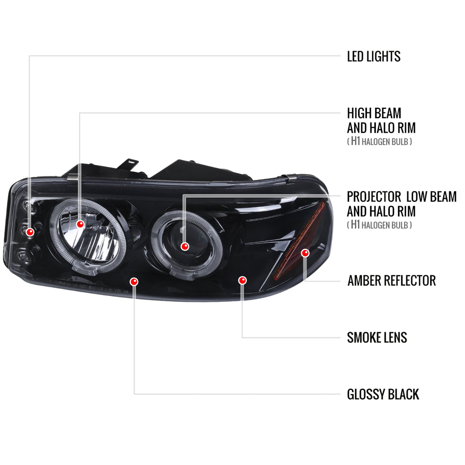 1999-2006 GMC Sierra/00-2006 Yukon/Yukon XL Dual Halo Projector Headlights Black