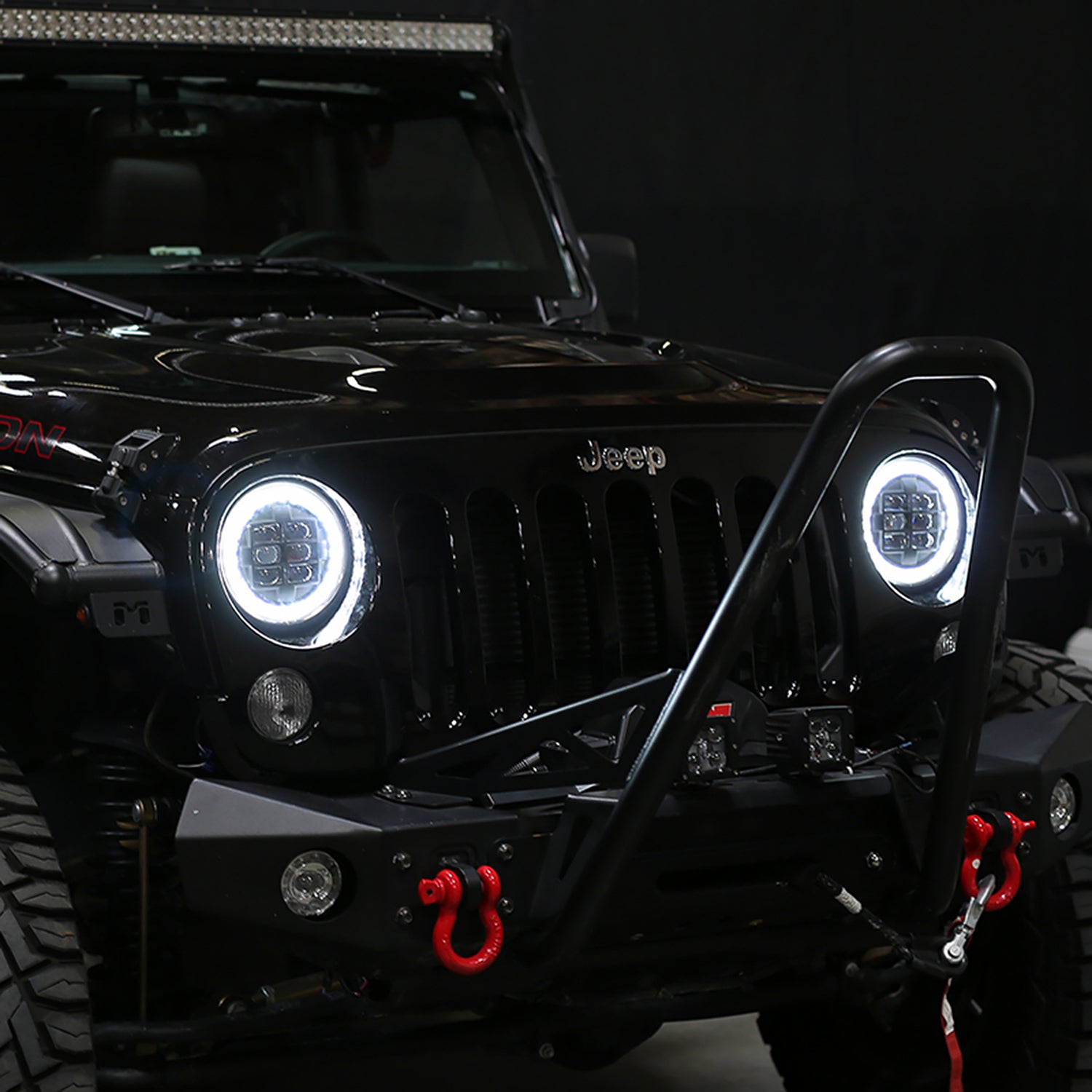 Universal 7" Round Cree LED Blue Rim Halo Projector Headlight - 1PC Matt Black