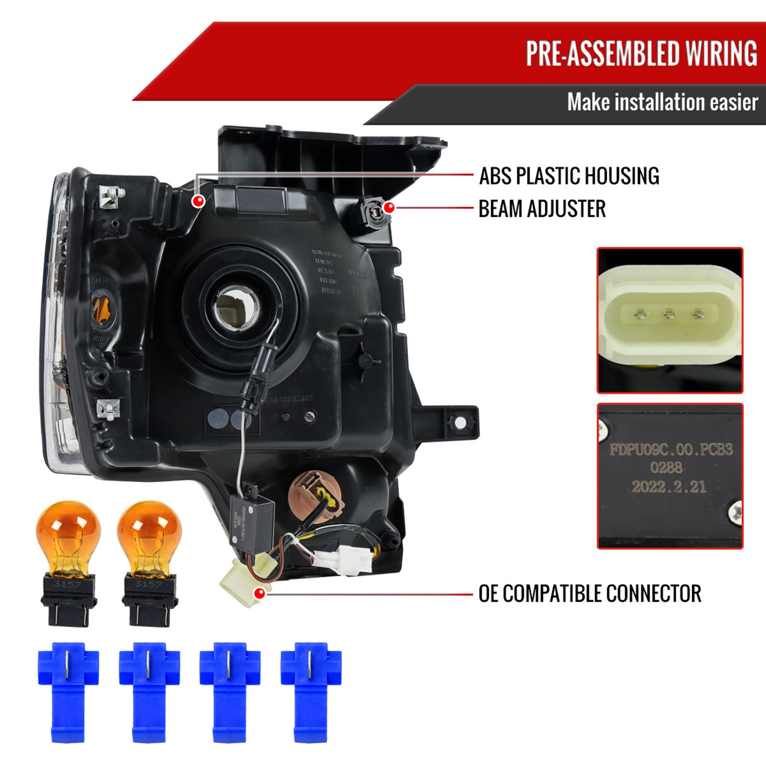 2009-2014 Ford F-150 LED Tube Factory Style Headlights Matte Black/Clear Lens