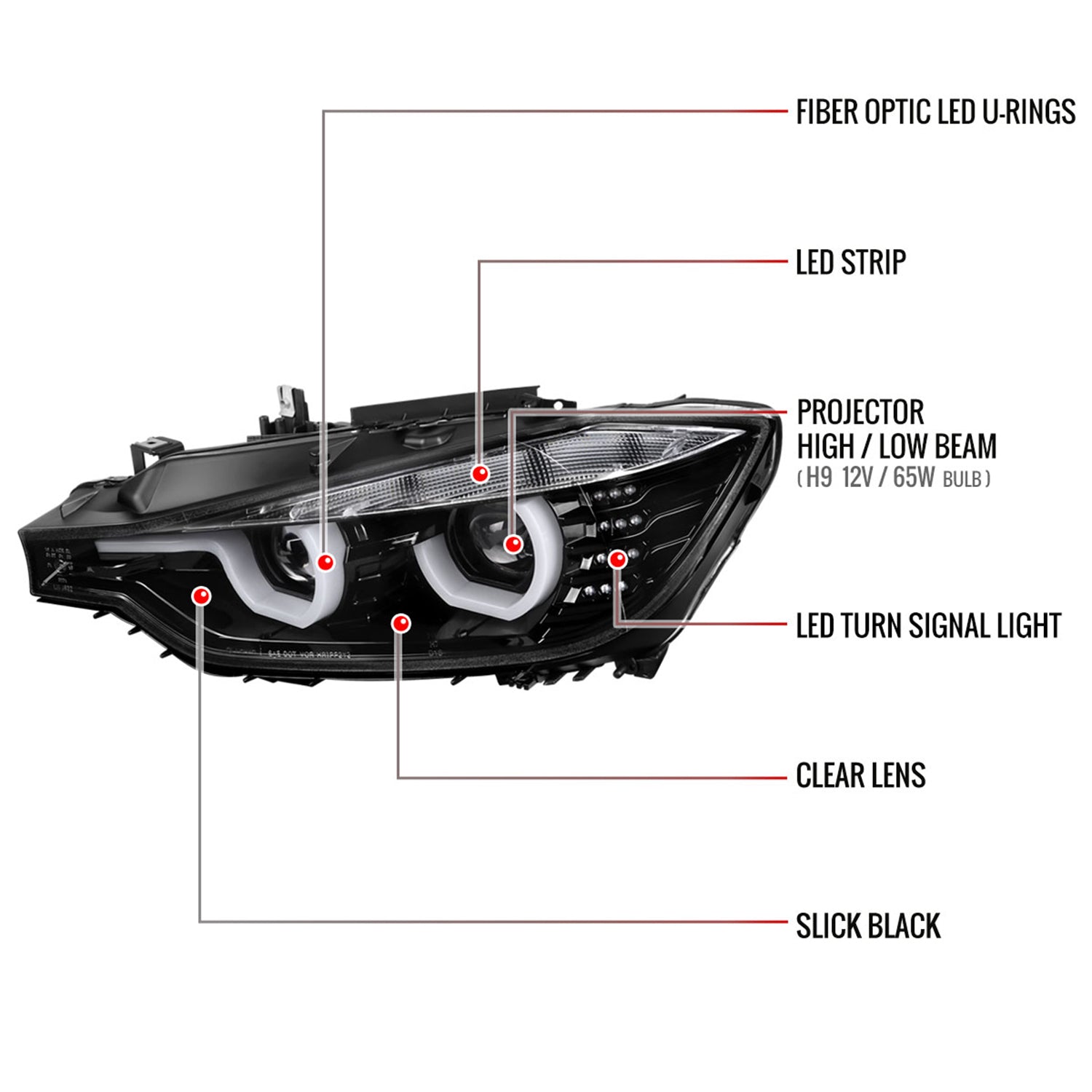 2012-2015 BMW F30 3 Series Sedan Dual U-Bar Headlights LED Signal Lights Jet Black