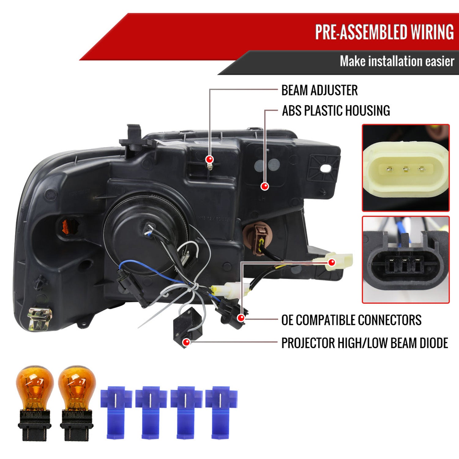 2004-2008 Ford F-150/06-2008 Lincoln Mark LT Projector Headlights LED Bar Amber