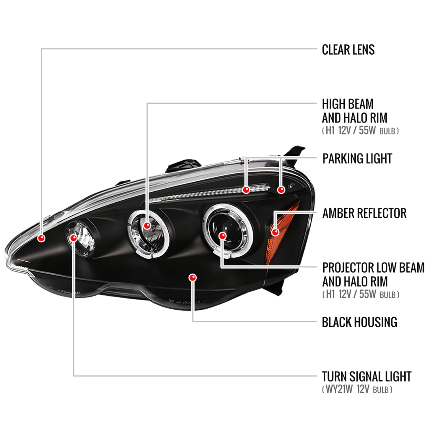 2002-2004 Acura RSX Dual Halo Projector Headlights Matte Black/Clear Lens