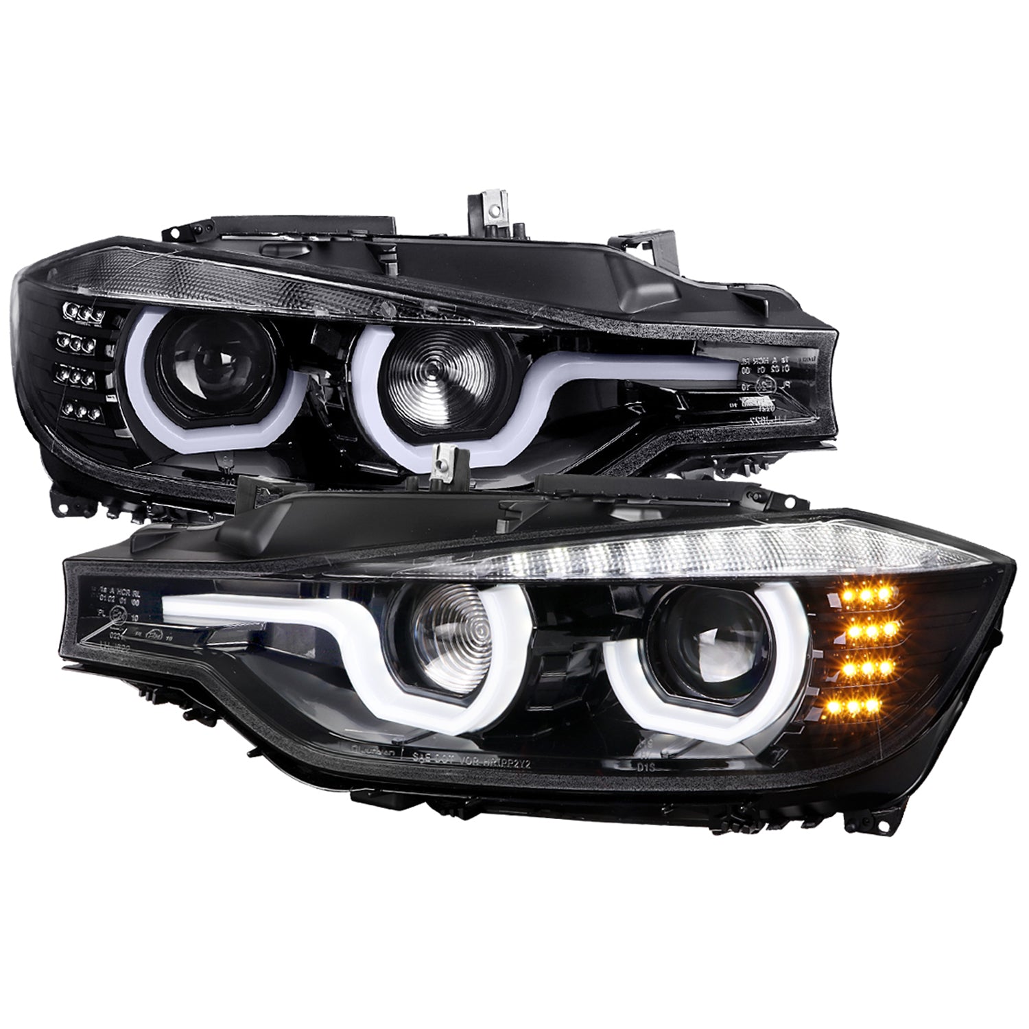 2012-2015 BMW F30 3 Series Sedan Dual U-Bar Headlights LED Signal Lights Jet Black