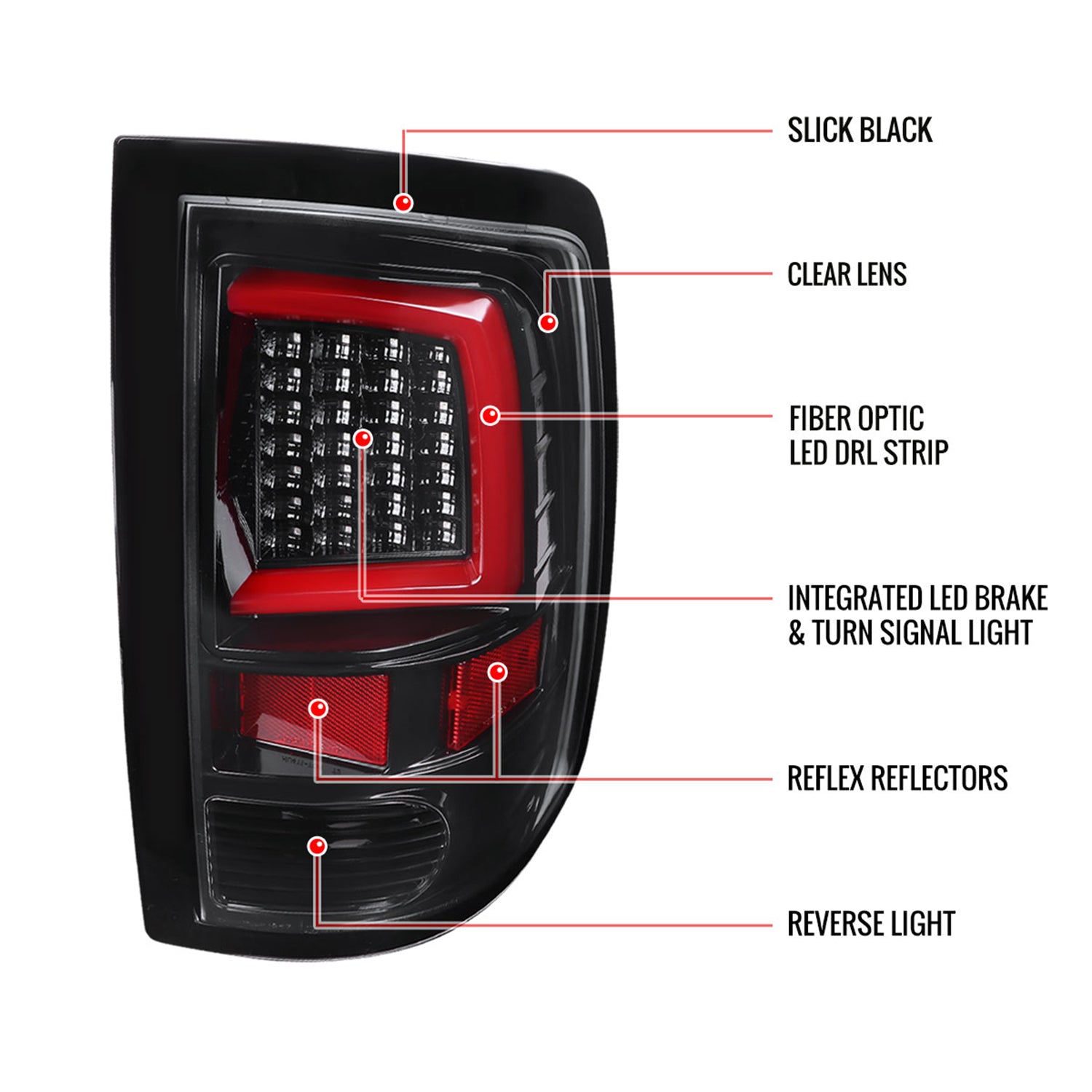 2009-2018 Dodge RAM 1500 2500 3500 White Bar LED Tail Lights Glossy Black