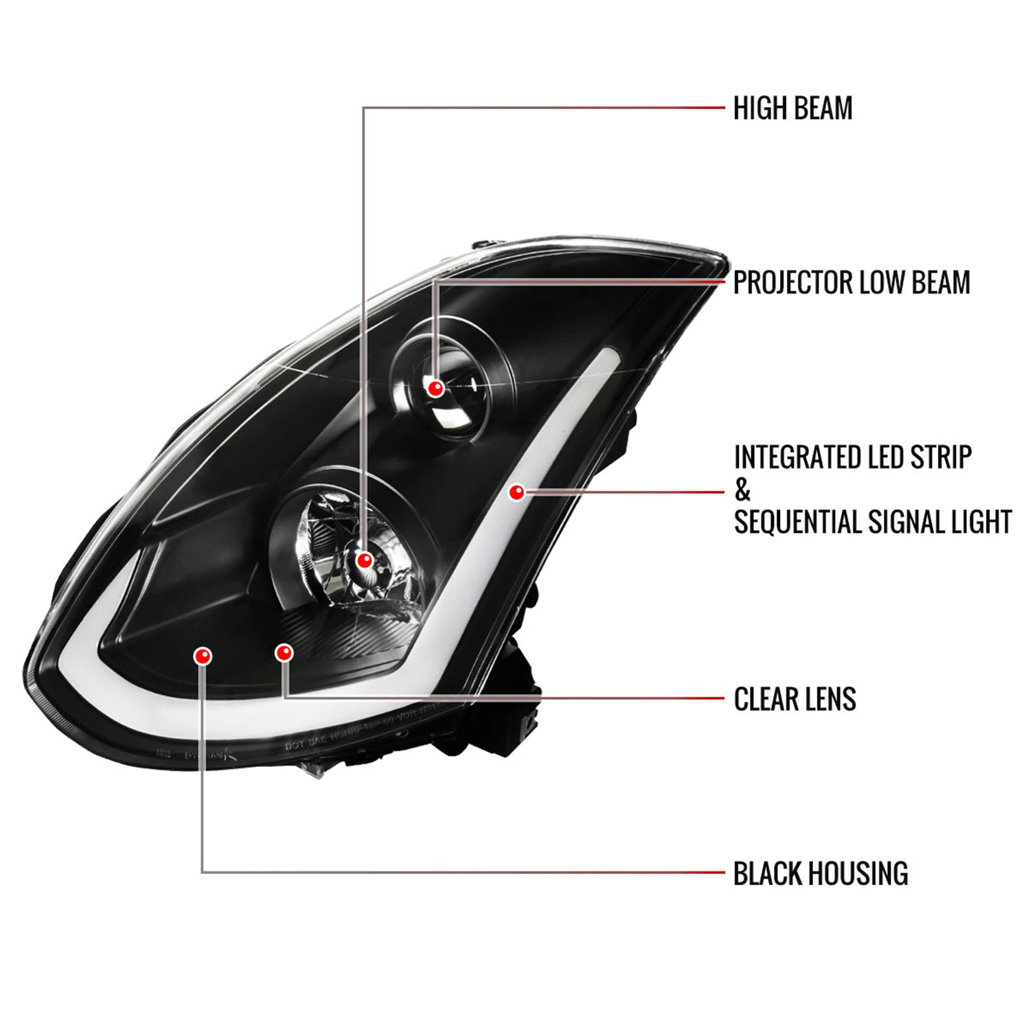 2003-2007 Infiniti G35 Coupe LED Bar Projector Headlights Turn Signals Black