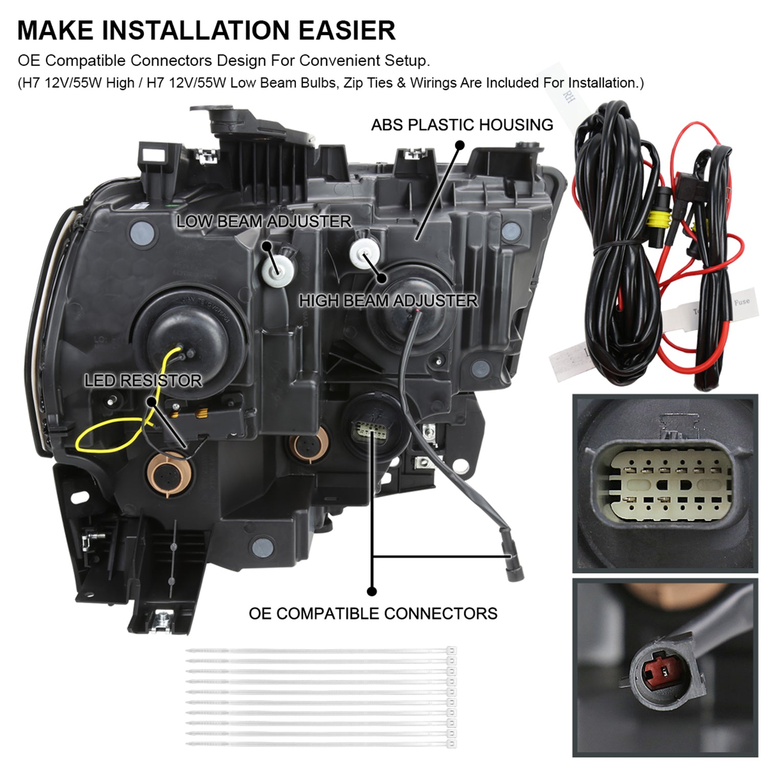 2019-2024 Dodge RAM 2500/3500/4500/5500 LED Signal Headlights White Housing