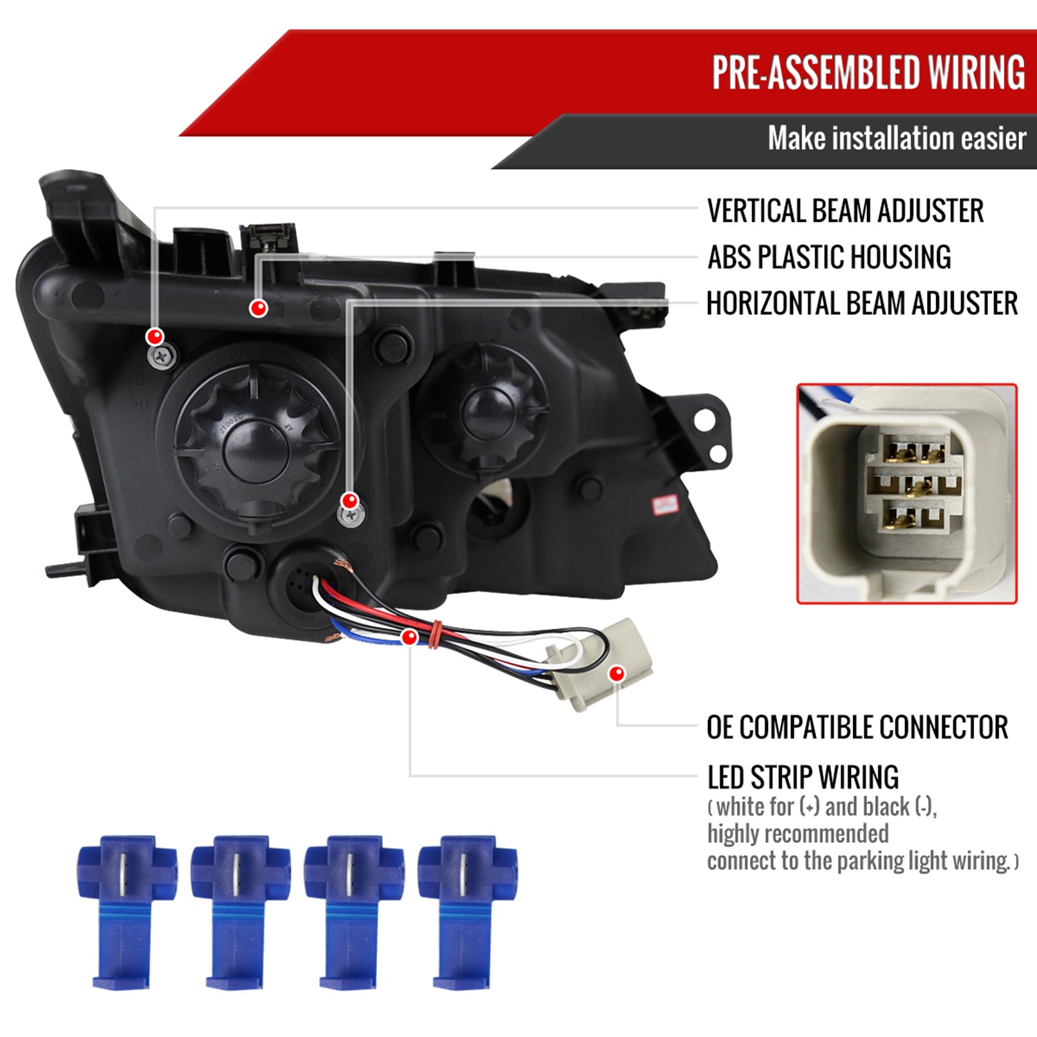 2010-2012 Ford Fusion Projector Headlights w/ LED Light Strip Matt Black/Clear