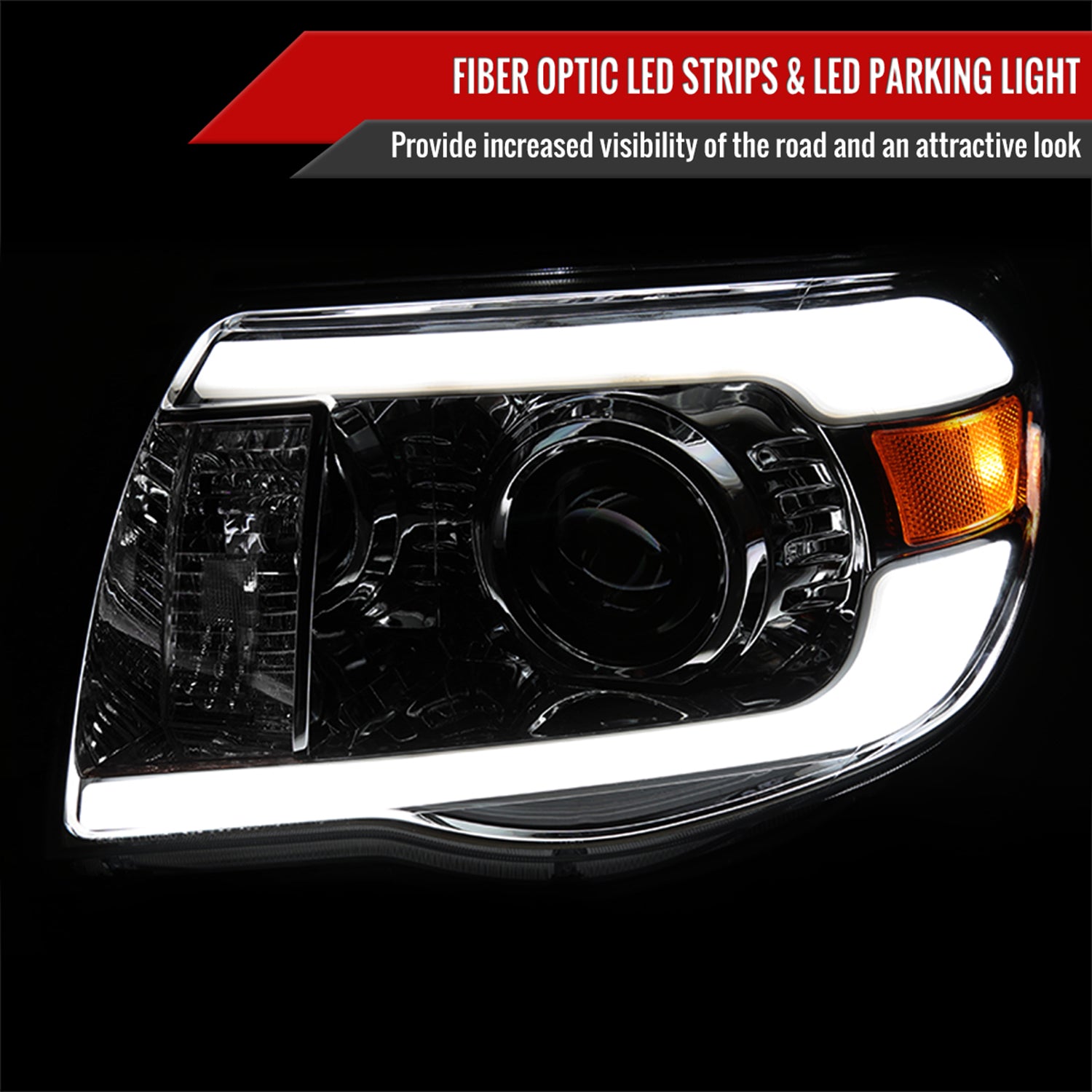 2005-2011 Toyota Tacoma LED Bar Projector Headlights Chrome/Clear Lens