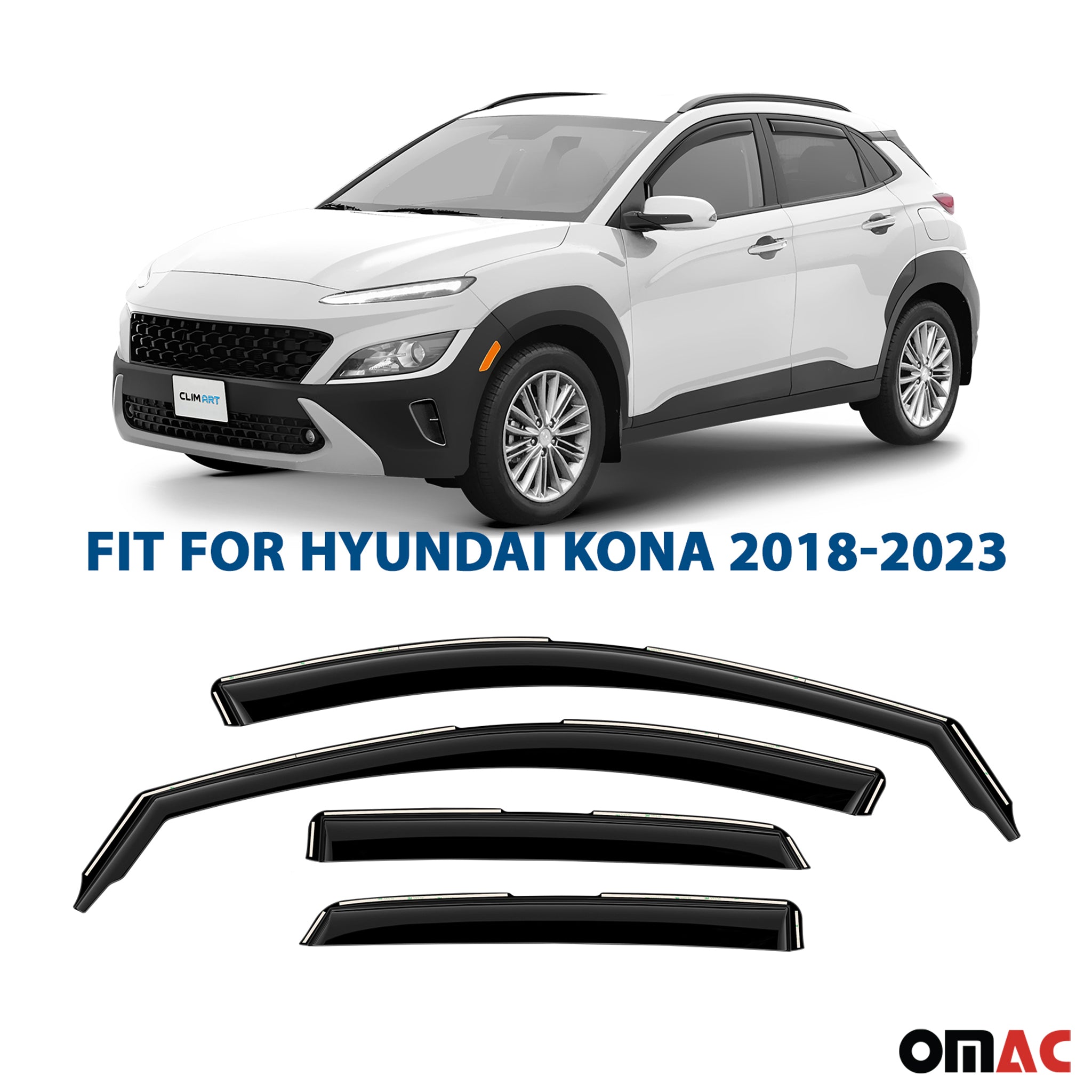 Clim Art Wind Deflectors for Hyundai Kona 2018-2023 Shatterproof Dark Smoke 4x