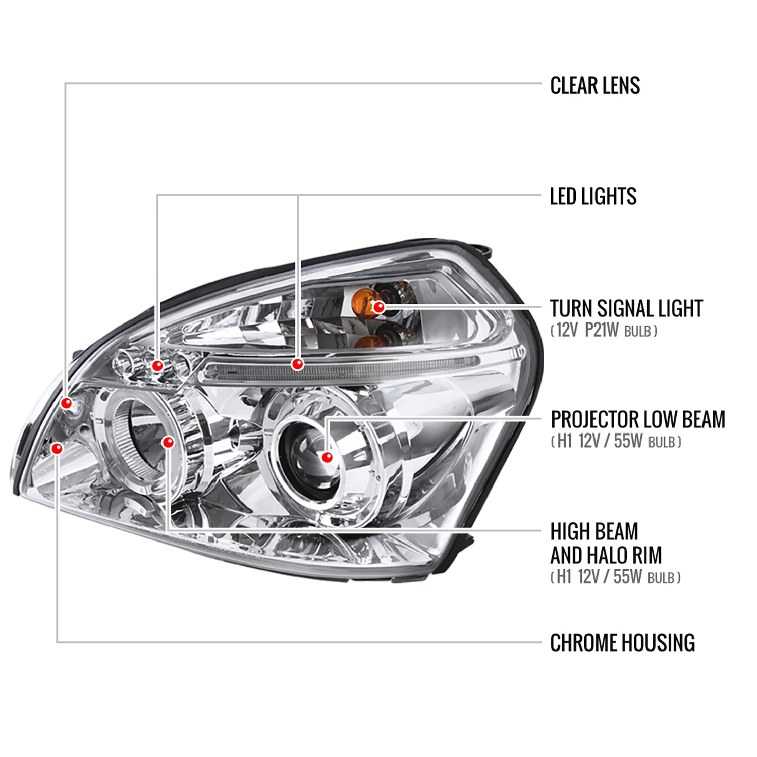 2005-2009 Hyundai Tucson Single Halo Projector Headlights Chrome/Clear Lens