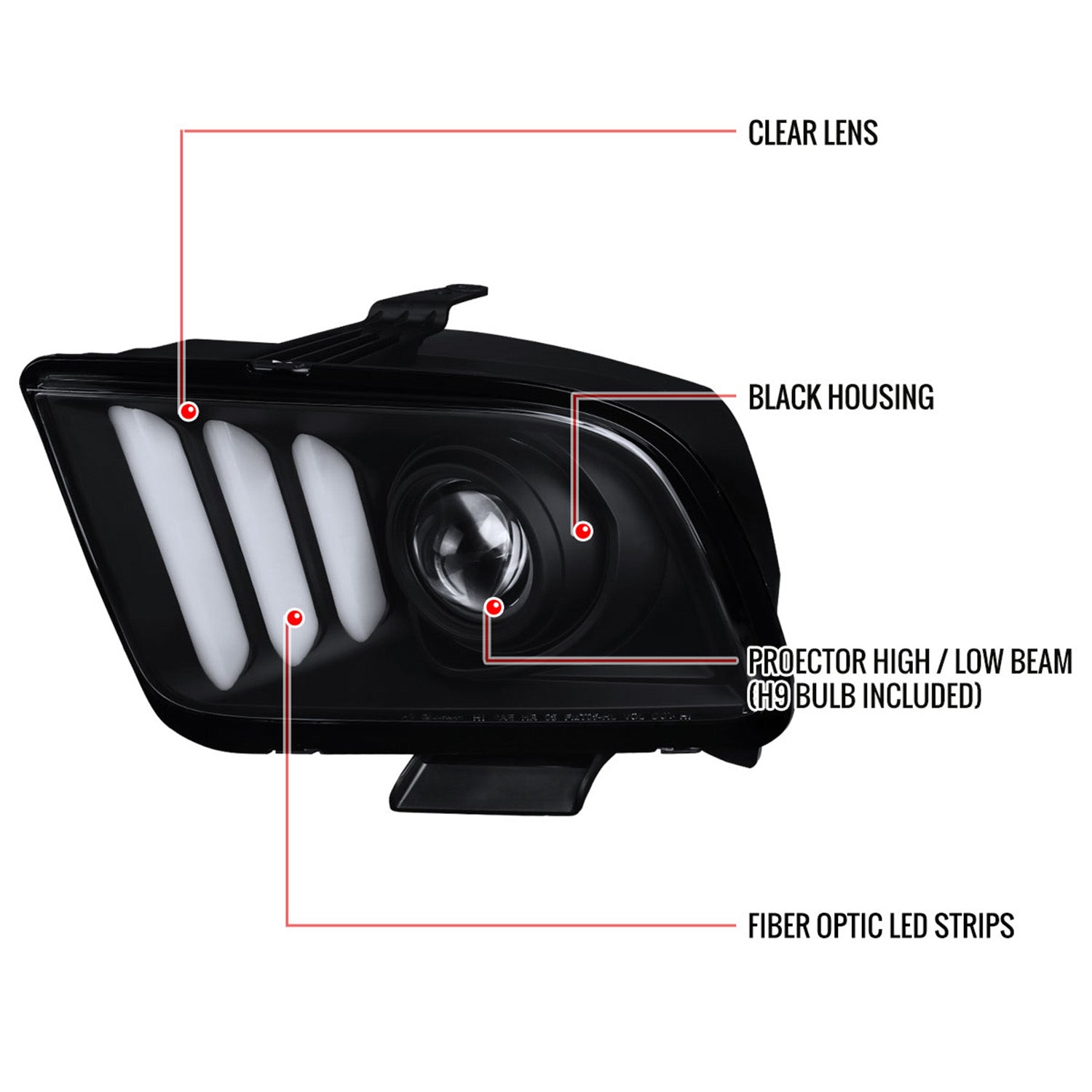 2005-2009 Ford Mustang LED Bar Projector Headlights Matte Black/Clear Lens