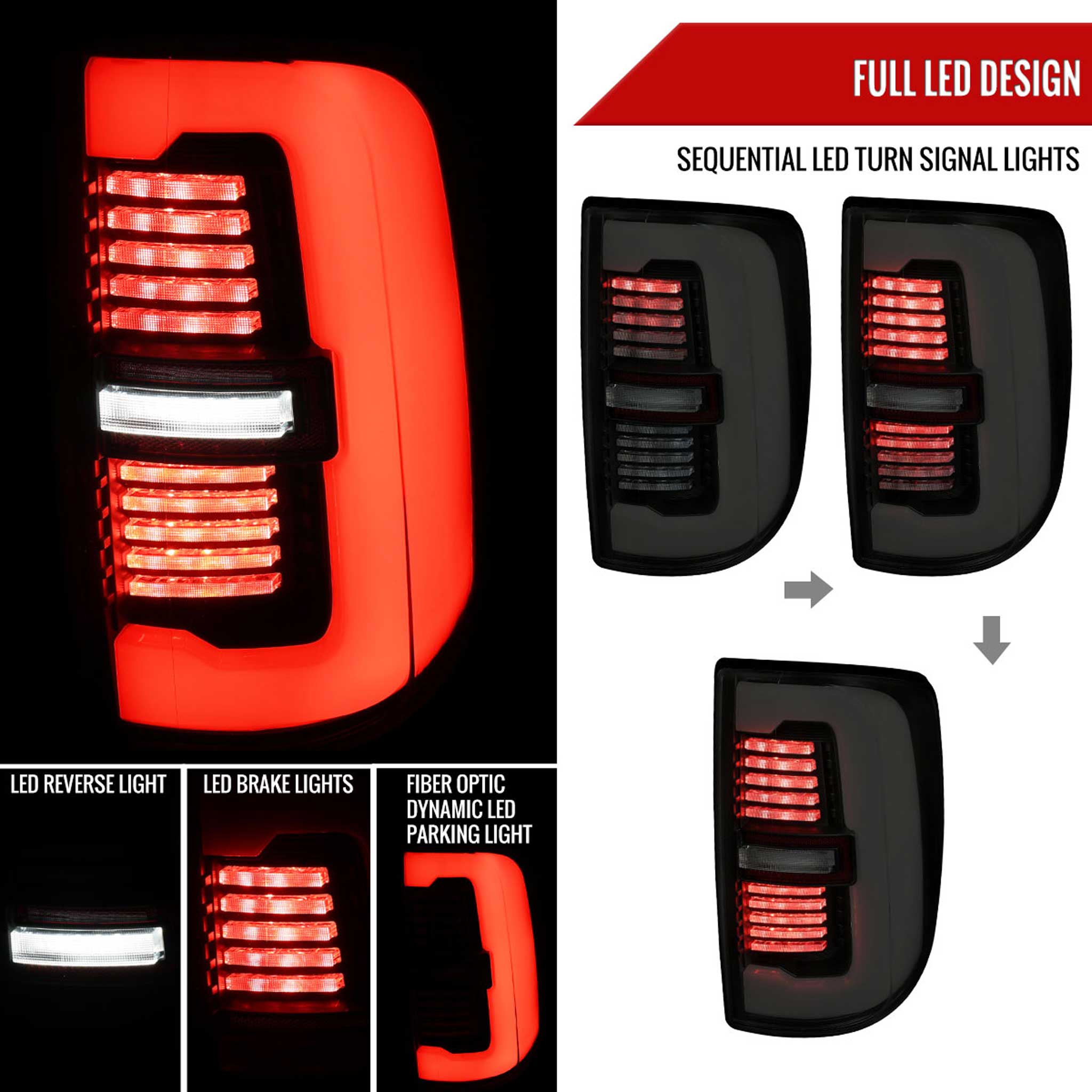 For Dodge RAM 2500/3500 2019-2024 LED Sequential Signal Tail Lights Glossy Black Housing Dark Smoked Lens