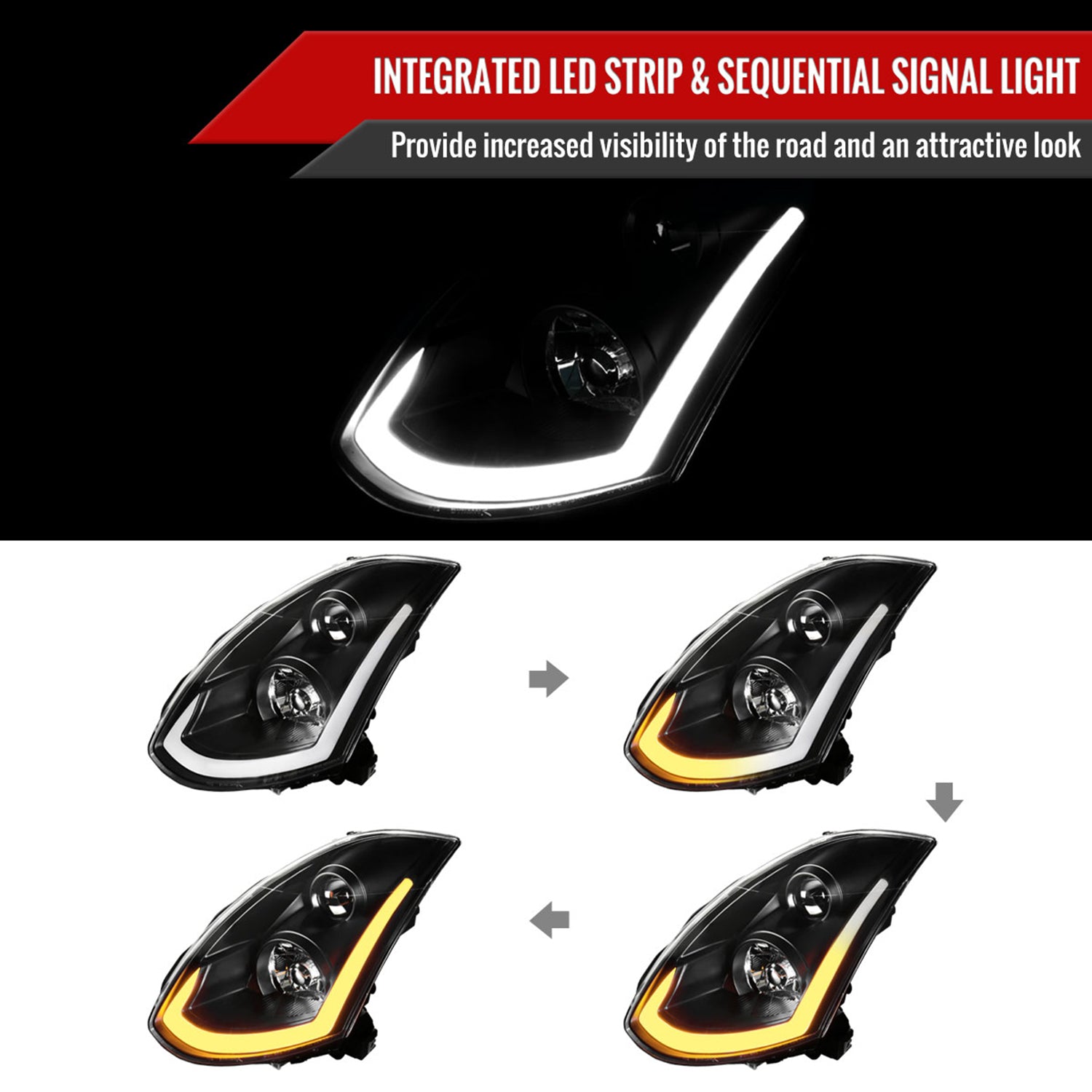 2003-2007 Infiniti G35 Coupe LED Bar Projector Headlights Turn Signals Black