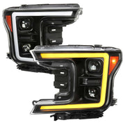 For Ford F-150 2018-2020 LED C-Bar Projector Headlights Turn Signal Lights Matte Black Housing Clear Lens