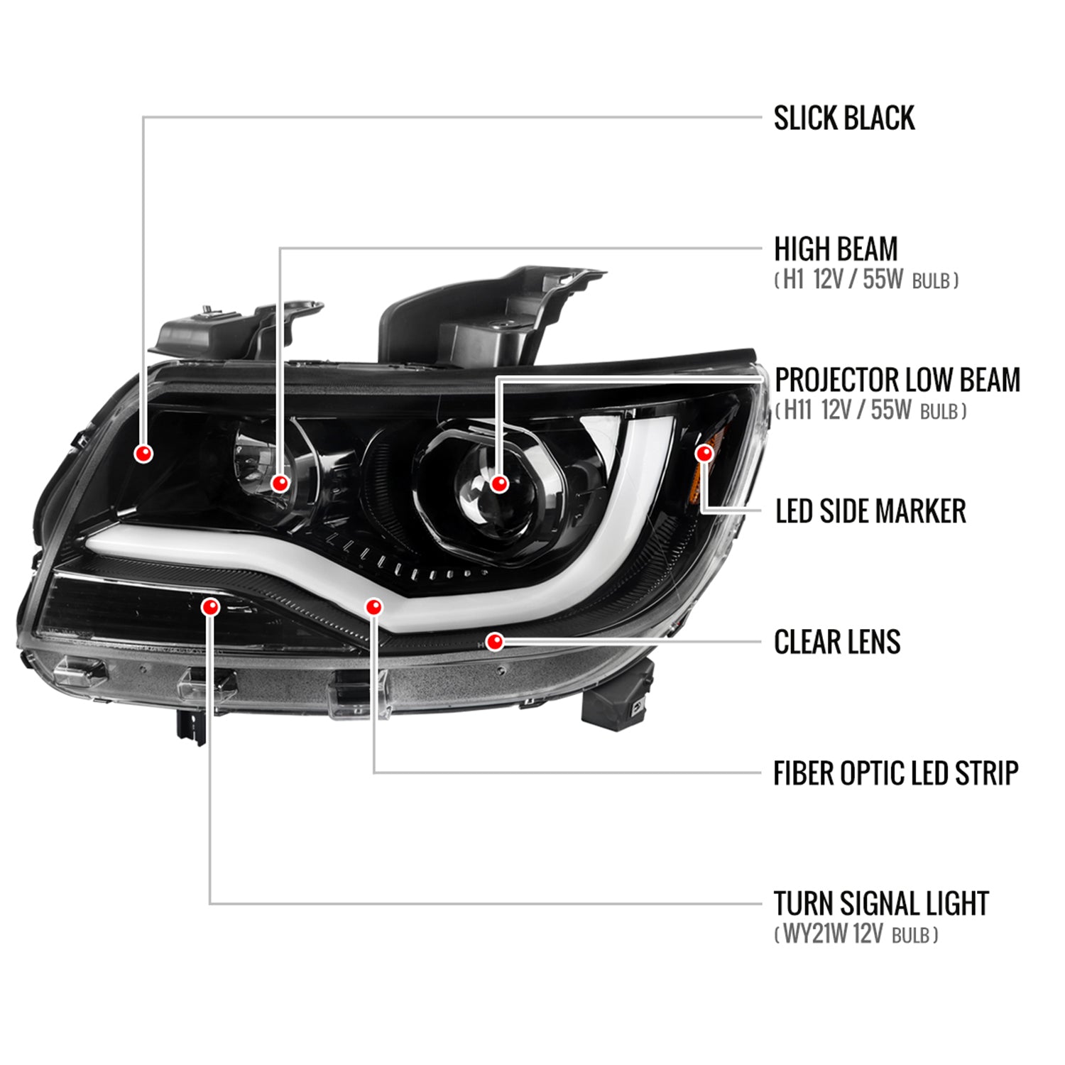 2015-2021 Chevy Colorado LED Bar Projector Headlights Glossy Black/Clear Lens