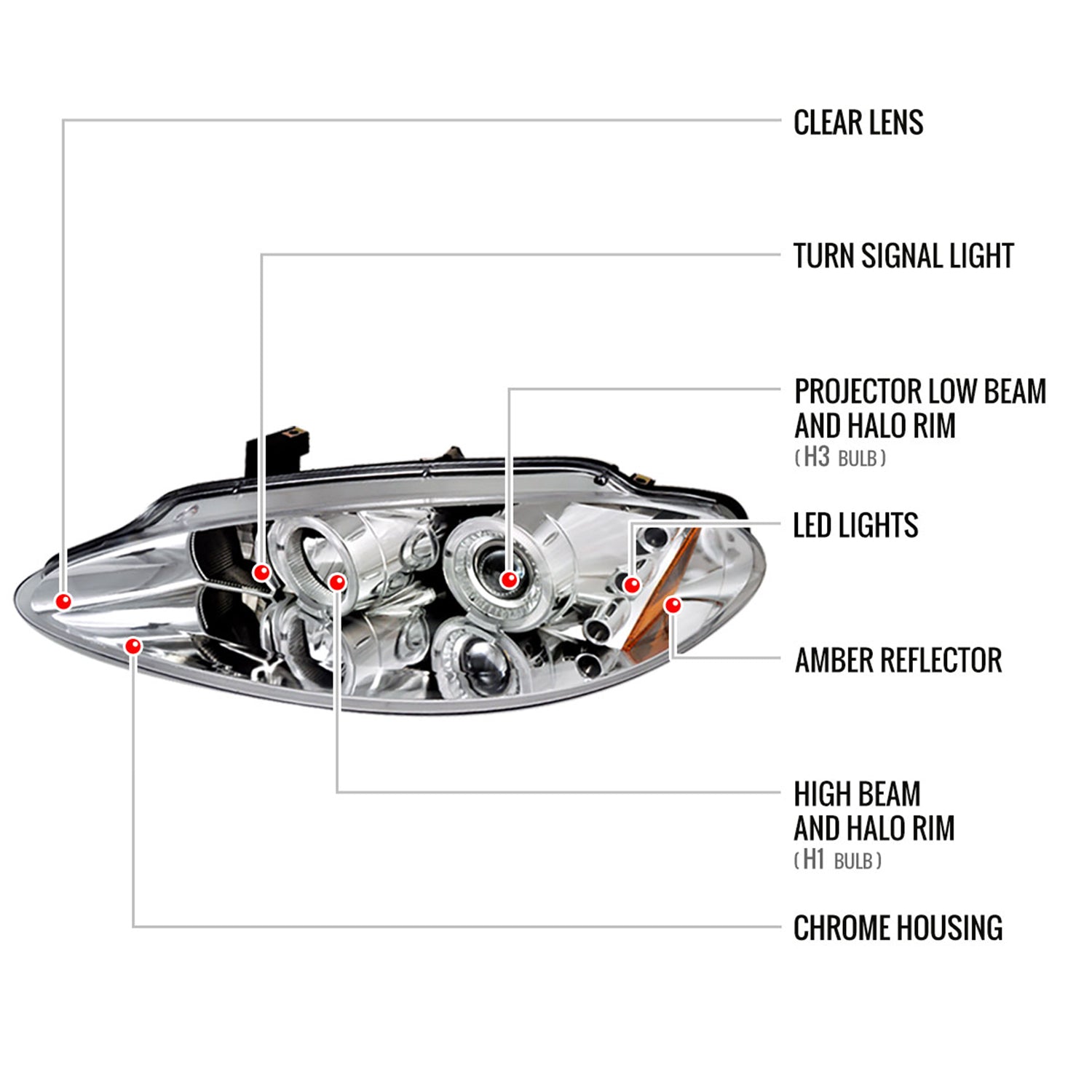 1998-2004 Dodge Intrepid Dual Halo Projector HeadLights Chrome/Clear Lens
