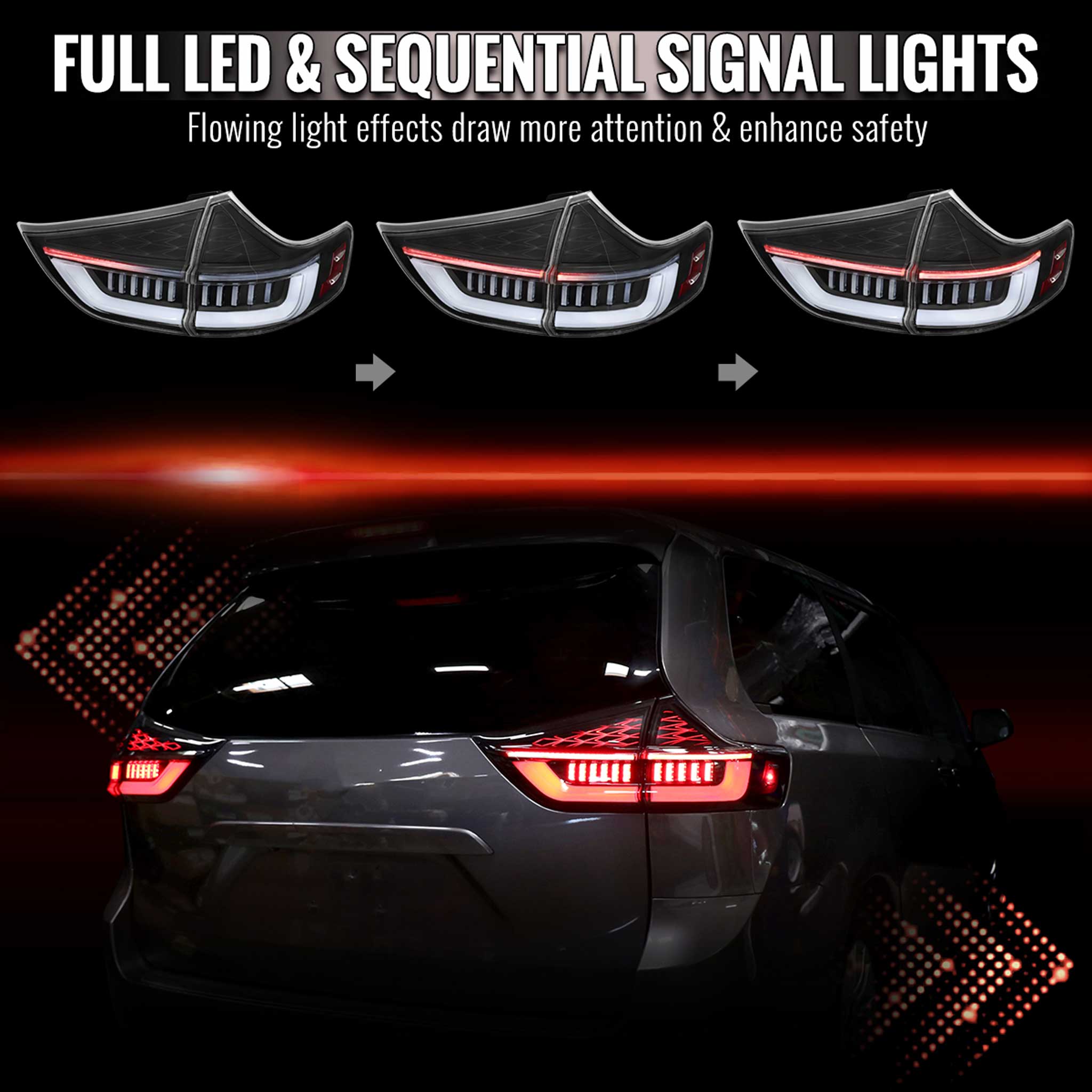 For Toyota Sienna 2011-2014 Full LED Tail Lights Sequential Signal Startup Black Housing Clear Lens