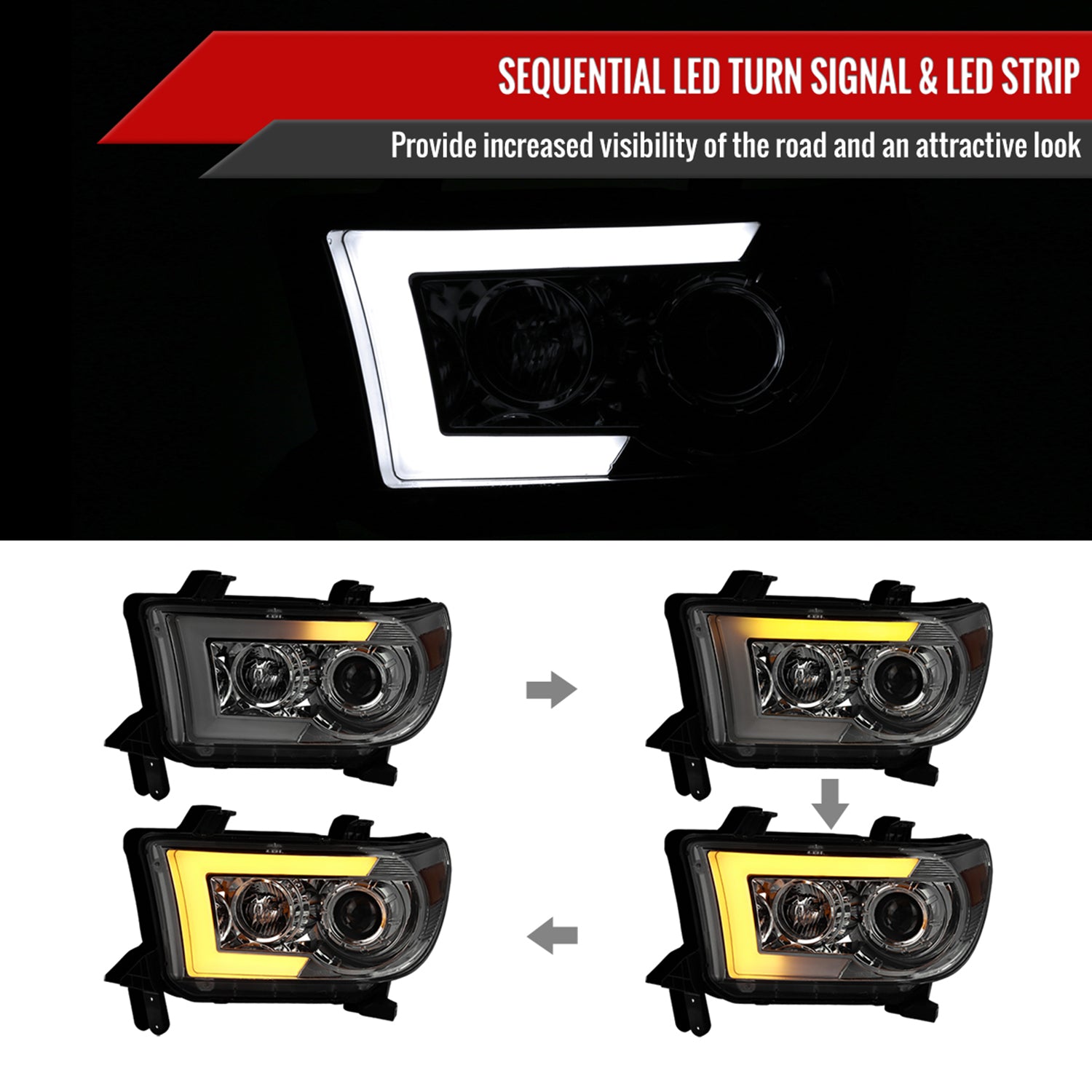 2007-2013 Toyota Tundra/ 08-2017 Sequoia LED CBar Projector Headlights Smoke