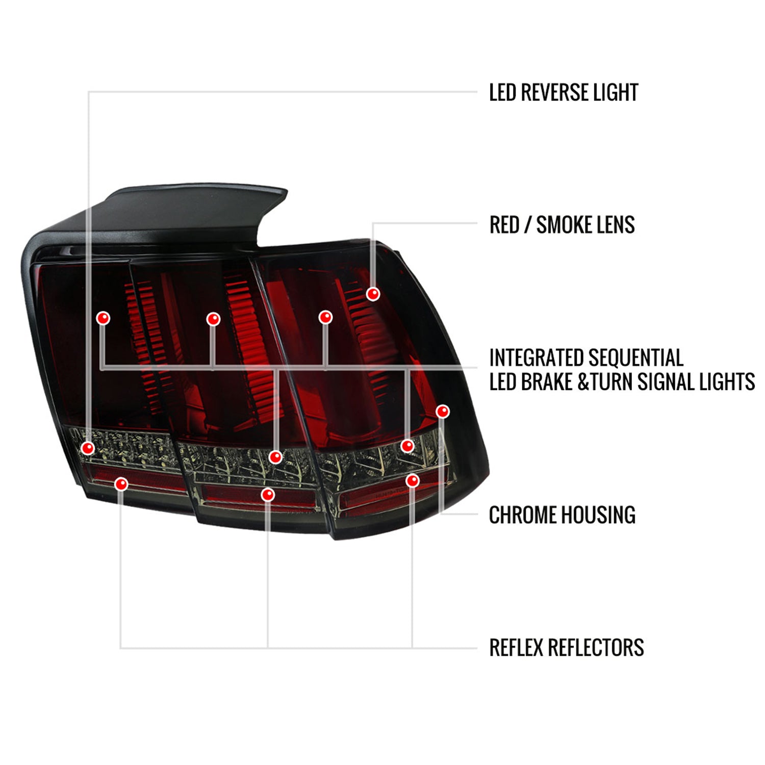 1999-2004 Ford Mustang Sequential LED Tail Lights Chrome/Red Smoke Lens