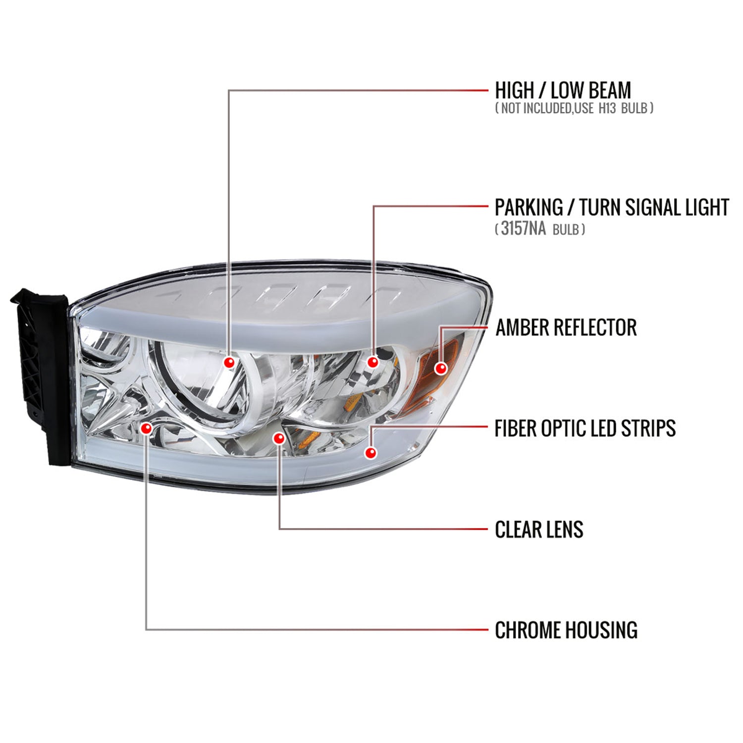 2006-2008 Dodge Ram 1500/ Ram 2500 3500 LED Headlights Amber Reflector Chrome