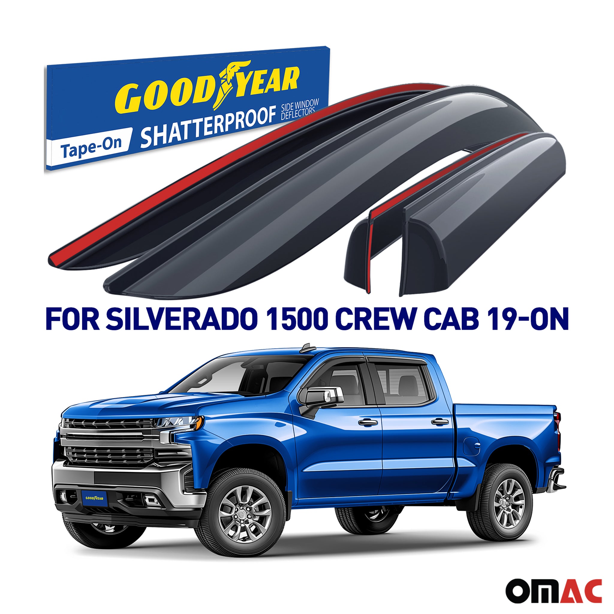 Goodyear Wind Deflectors for Chevy Silverado 1500 2019-2025 Tape-On Crew Cab 4x