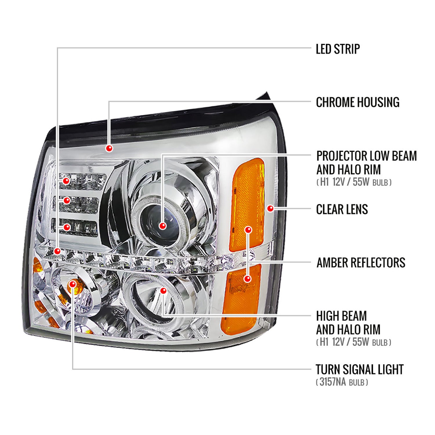 2002-2006 Cadillac Escalade Dual Halo Projector Headlights LED Light Chrome