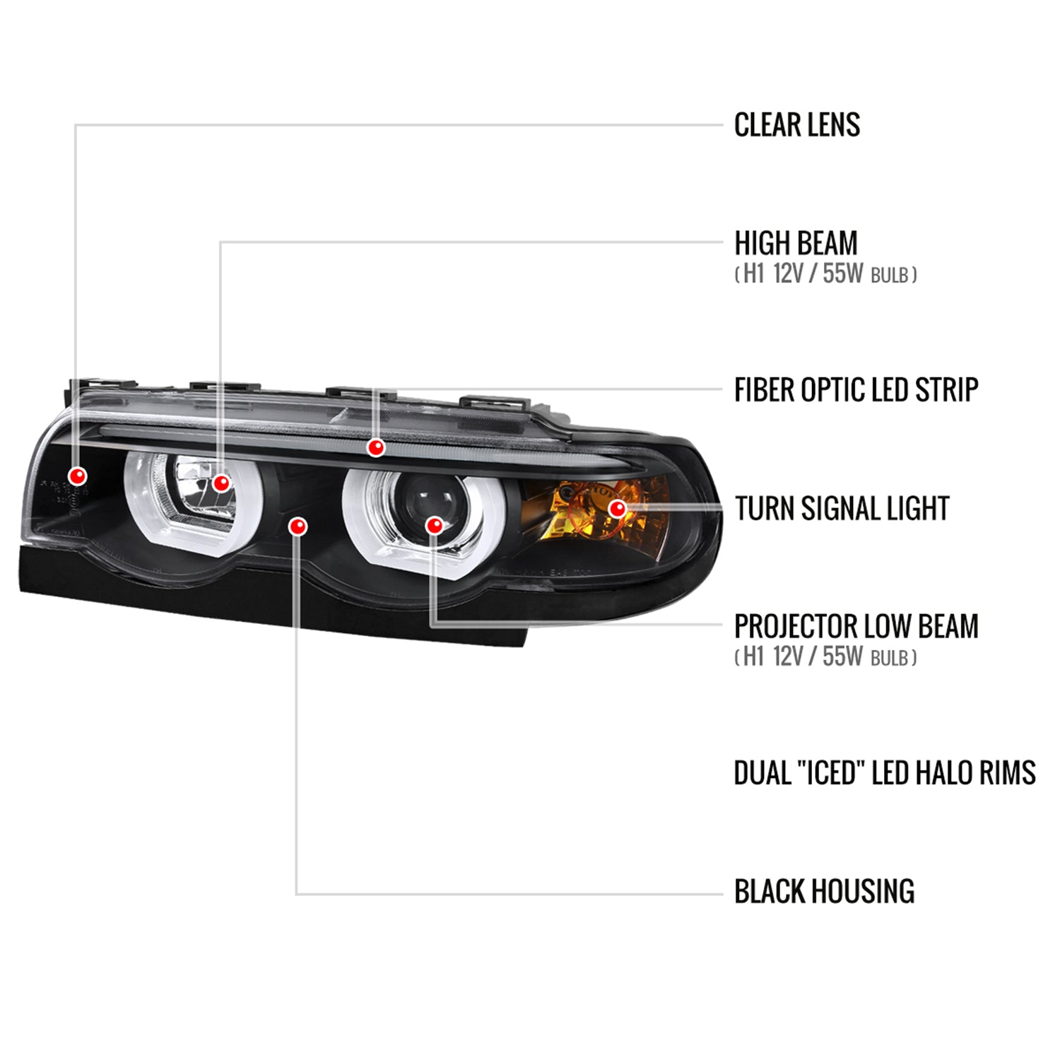 1995-2001 BMW E38 7 Series LED Bar Dual Halo Projector Headlights Matt Black