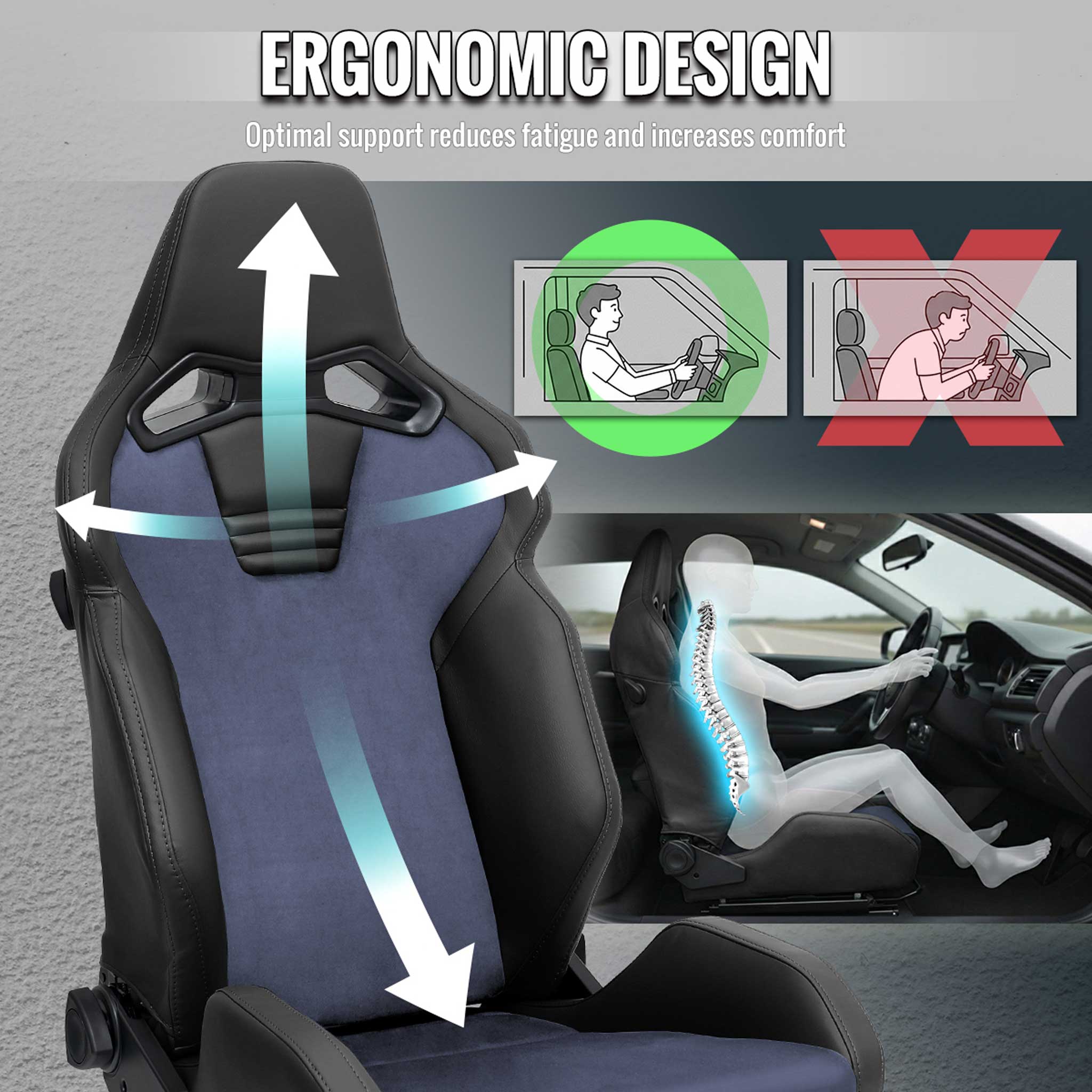 Universal Racing Seat Black Pu Leather Charcoal Gray Suede Double Black Stitch