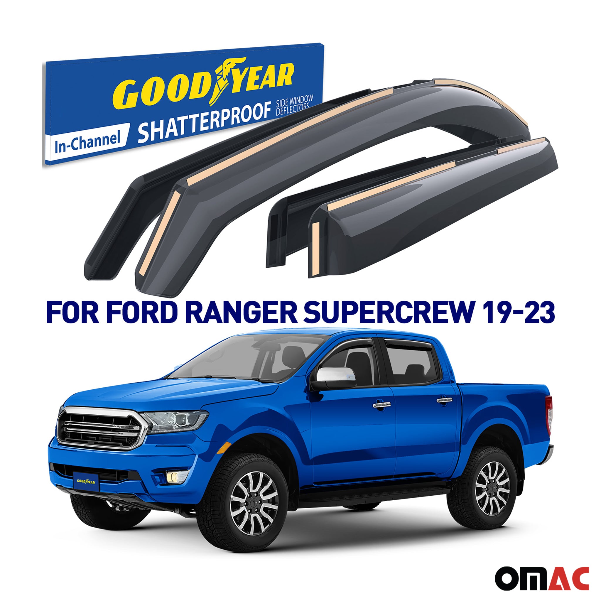 Goodyear Wind Deflectors for Ford Ranger 2019-2023 SuperCrew In-channel Smoke 4x