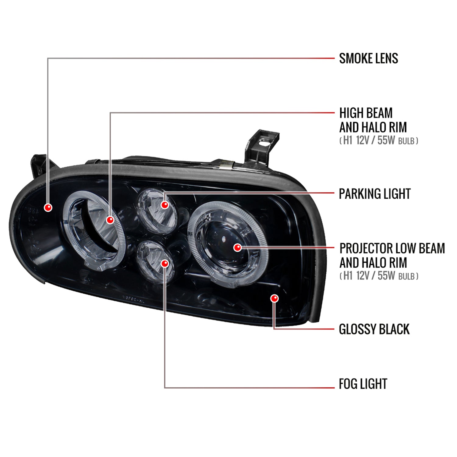 1993-1998 VW Golf Mk3/Cabrio Dual Halo Projector Headlights Black/Smoke