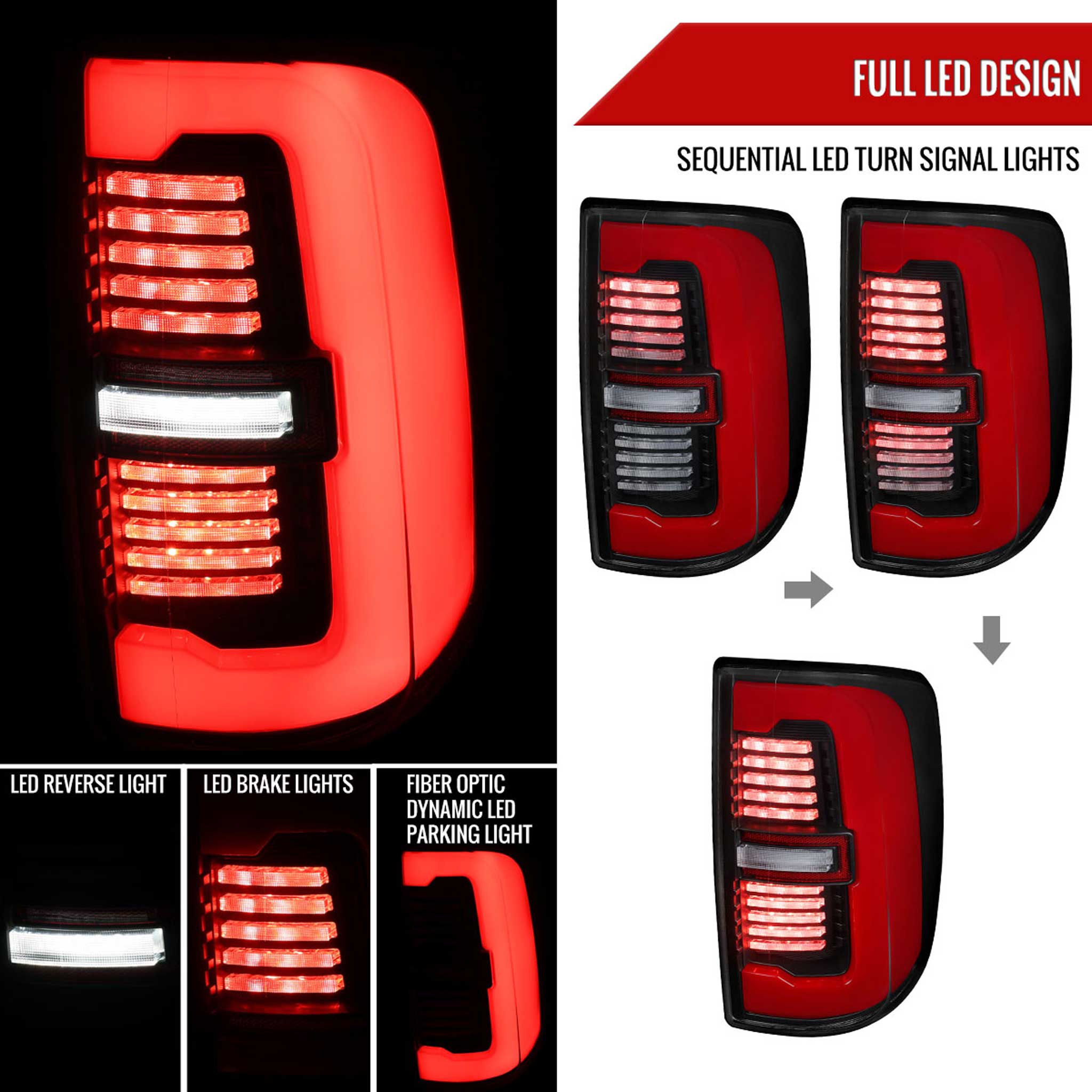 For Dodge RAM 2500/3500 2019-2024 Red LED Bar Sequential Signal Tail Lights Black Housing Clear Lens