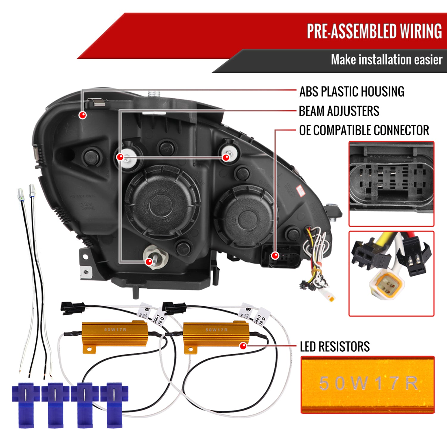 2012-2014 Mercedes-Benz W204 C-Class LED Bar Projector Headlights Black