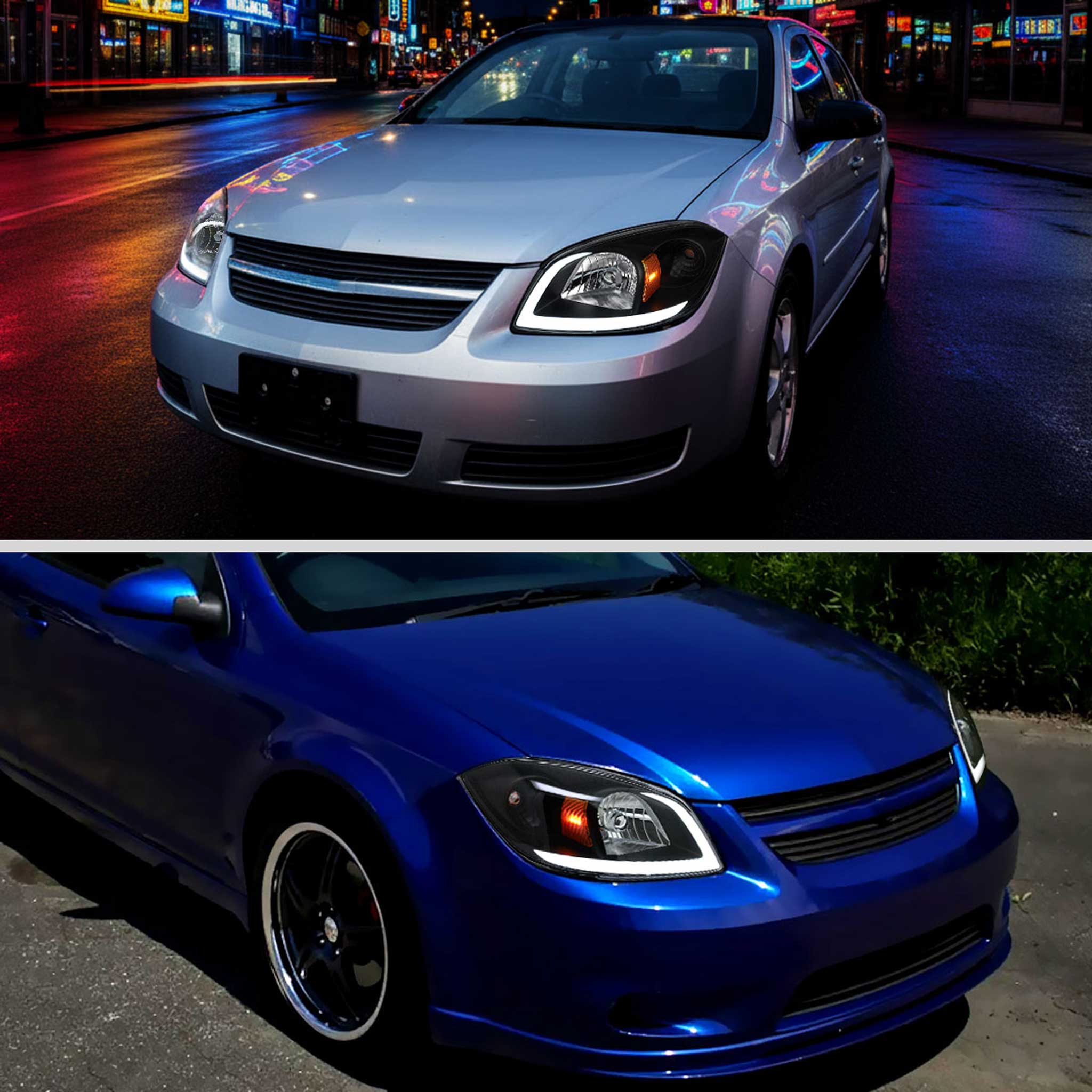 For Chevrolet Cobalt / Pontiac G5 2005-2010 LED Bar Projector Headlights LED DRL Light Tube Black Housing Clear Lens