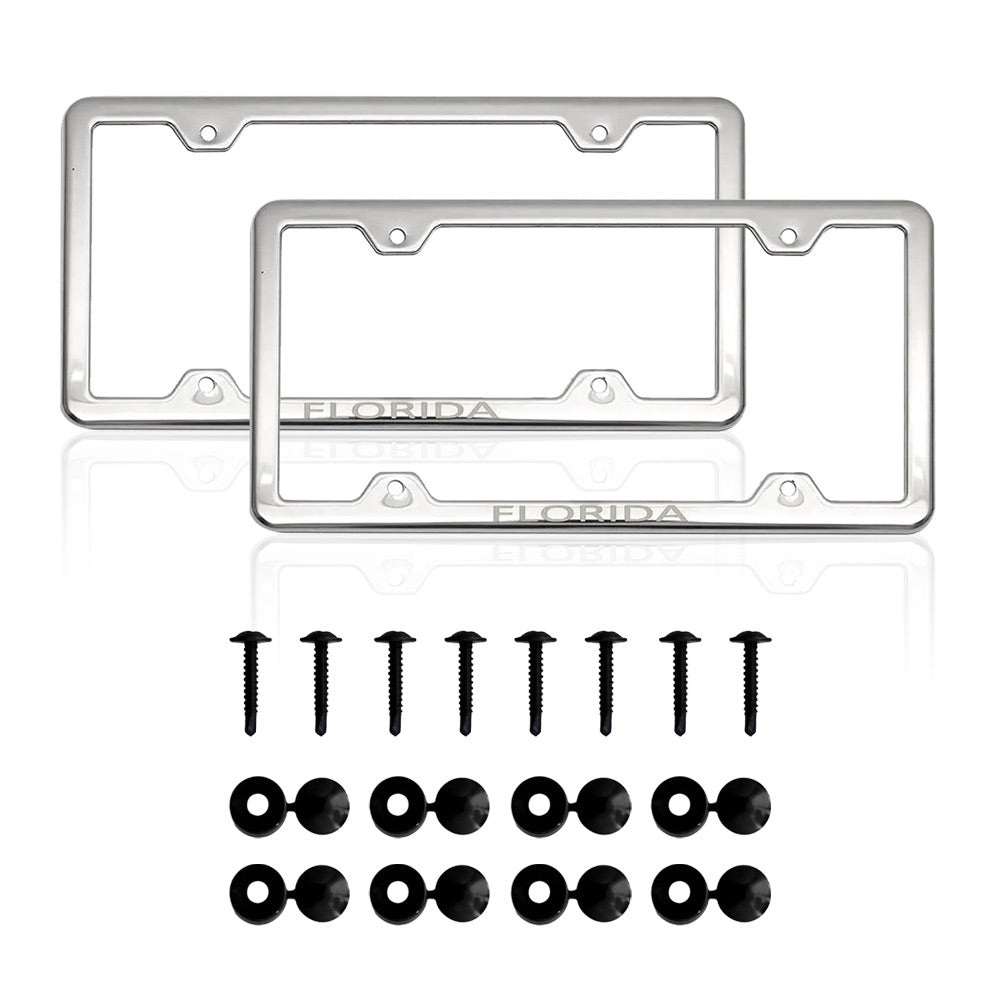 FLORIDA Print License Plate Frame Tag Holder Chrome S. Steel Set 2 Pcs.
