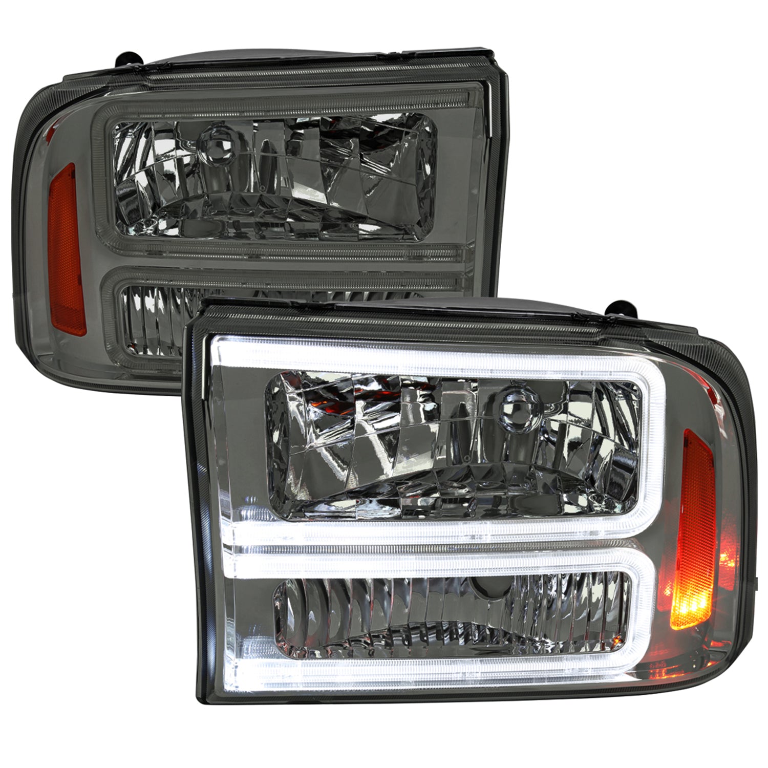 1999-2004 Ford F-250/350/450/550/Excursion Headlights Dual LED C-Bar Smoke