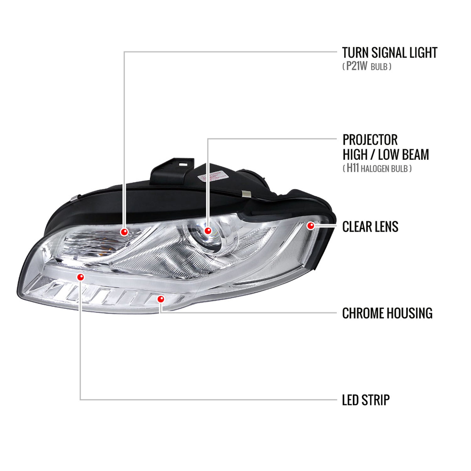 2006-2008 Audi A4 Projector Headlights w/ R8 Style LED Light Bar Chrome/Clear