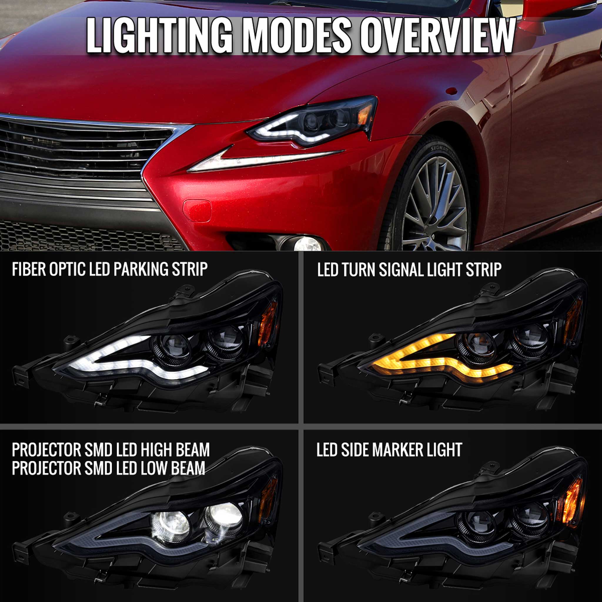 For Lexus IS250 IS350 2014-2016 Full LED Project healight Black Houing Smoked lens