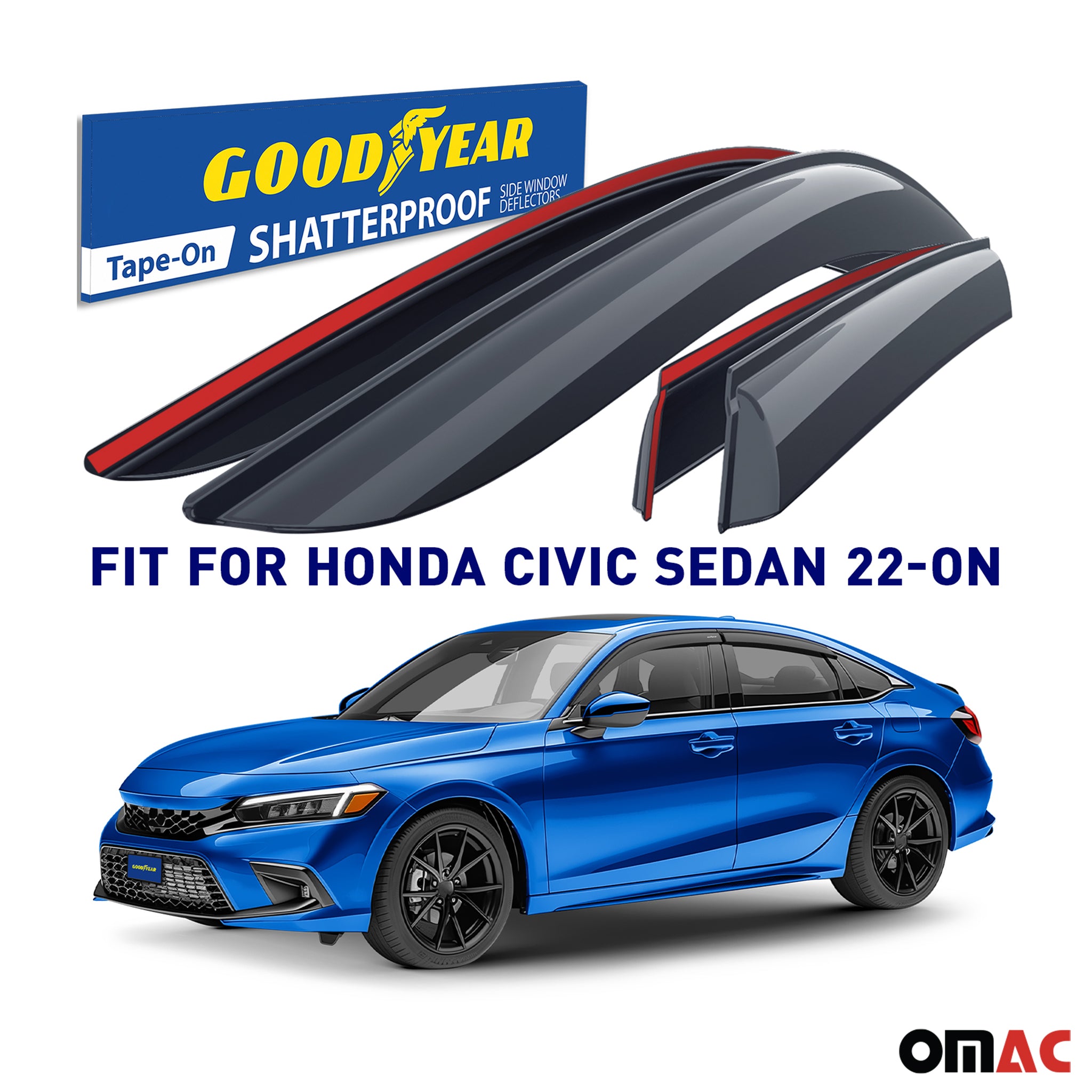 Goodyear Wind Deflectors for Honda Civic 2022-2025 Sedan Shatterproof Smoke 4x