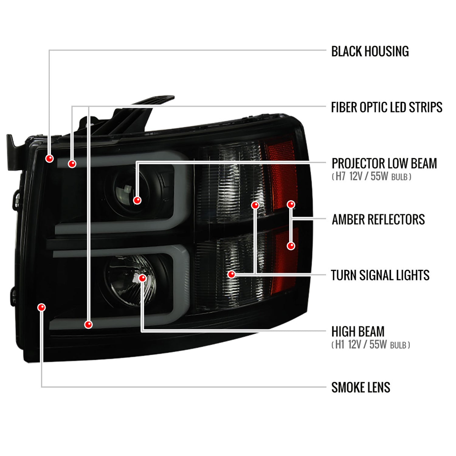 2007-2013 Chevy Silverado 1500 2500HD 3500HD LED C-Bar Headlights Black Smoke