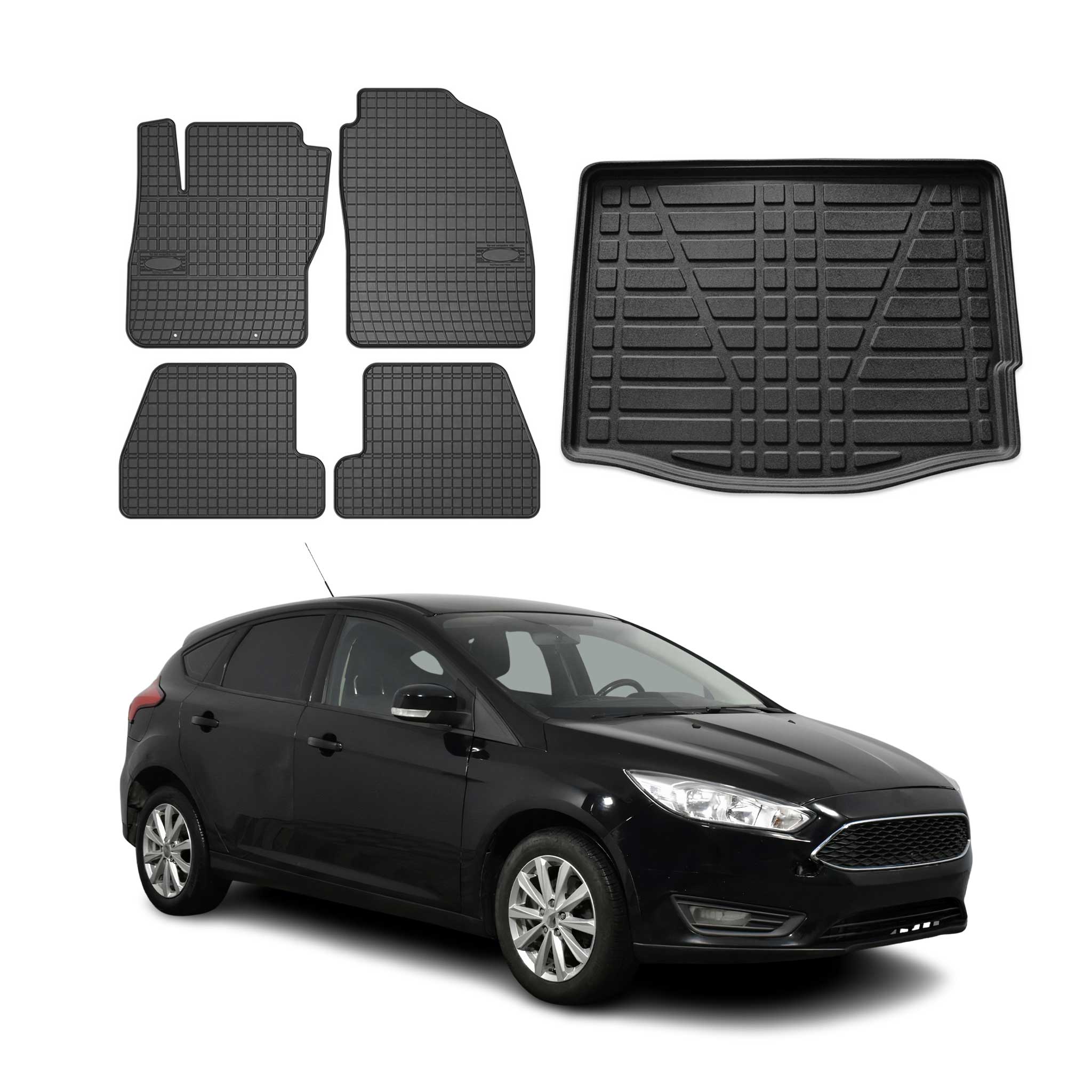 2011-2018 Ford Focus III HB Floor Mats & Trunk Mat Set Black Rubber TPE 5 pcs