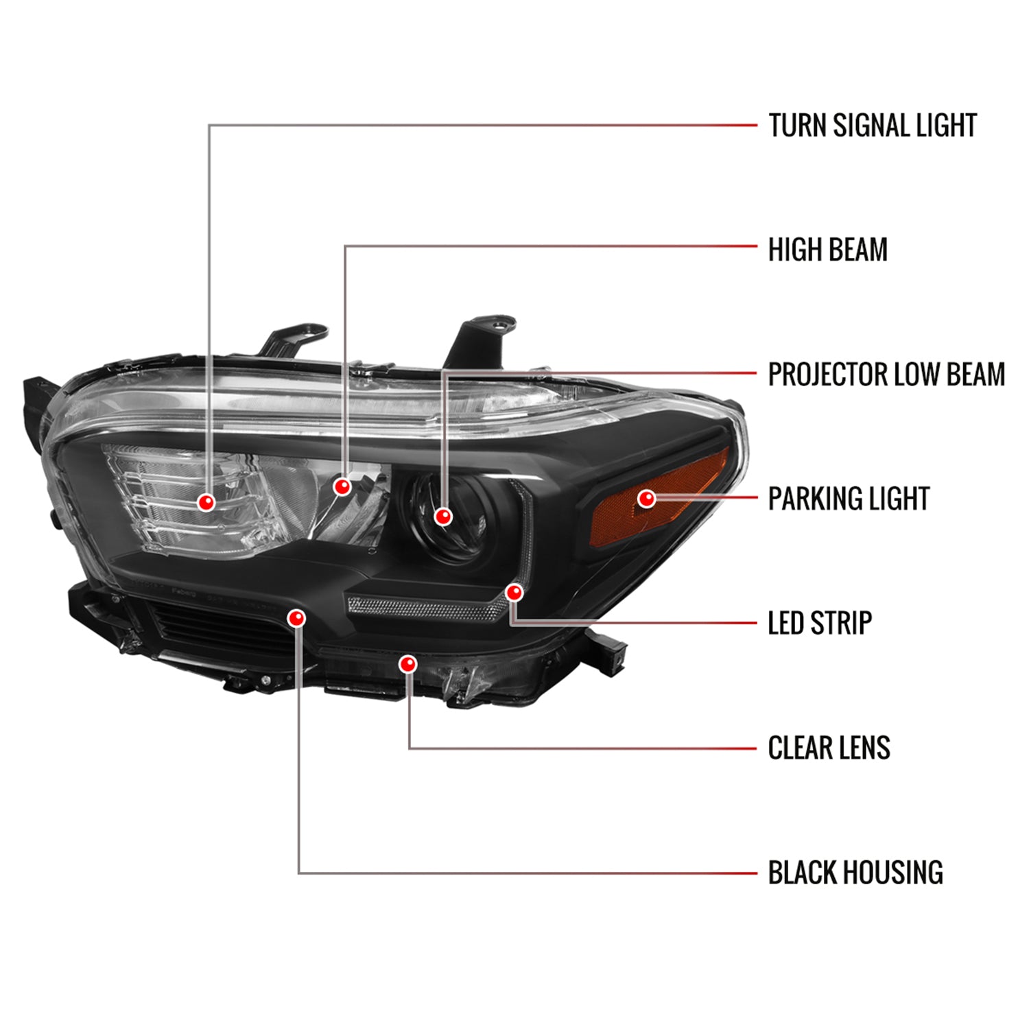 2016-2023 Toyota Tacoma LED Bar Projector Headlight Matte Black/Clear Lens