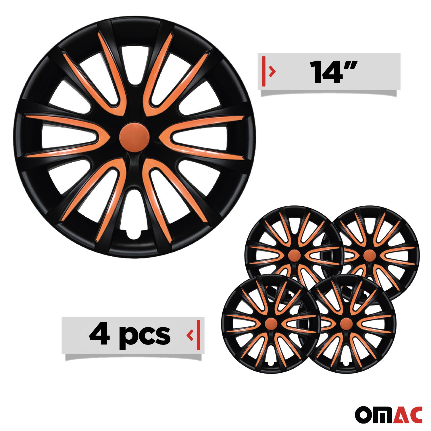 Bicolo Hub Caps Wheel Cover 14" Black Matt & Orange Full Set 4 pcs.