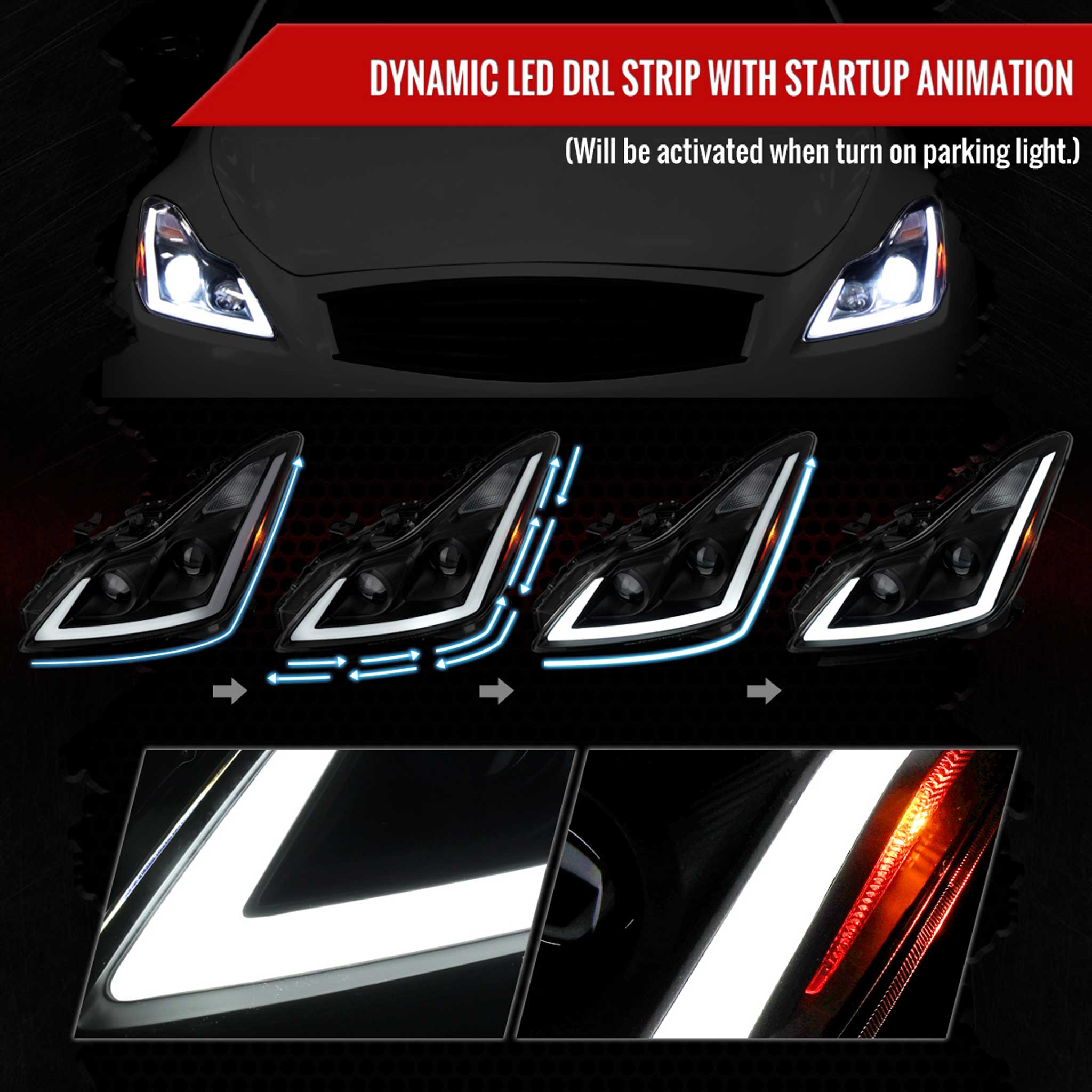 For Infiniti G37 2008-13 / Q60 Coupe 2014-15 LED Projector Headlights Sequential Matte Black Clear Lens Switchback