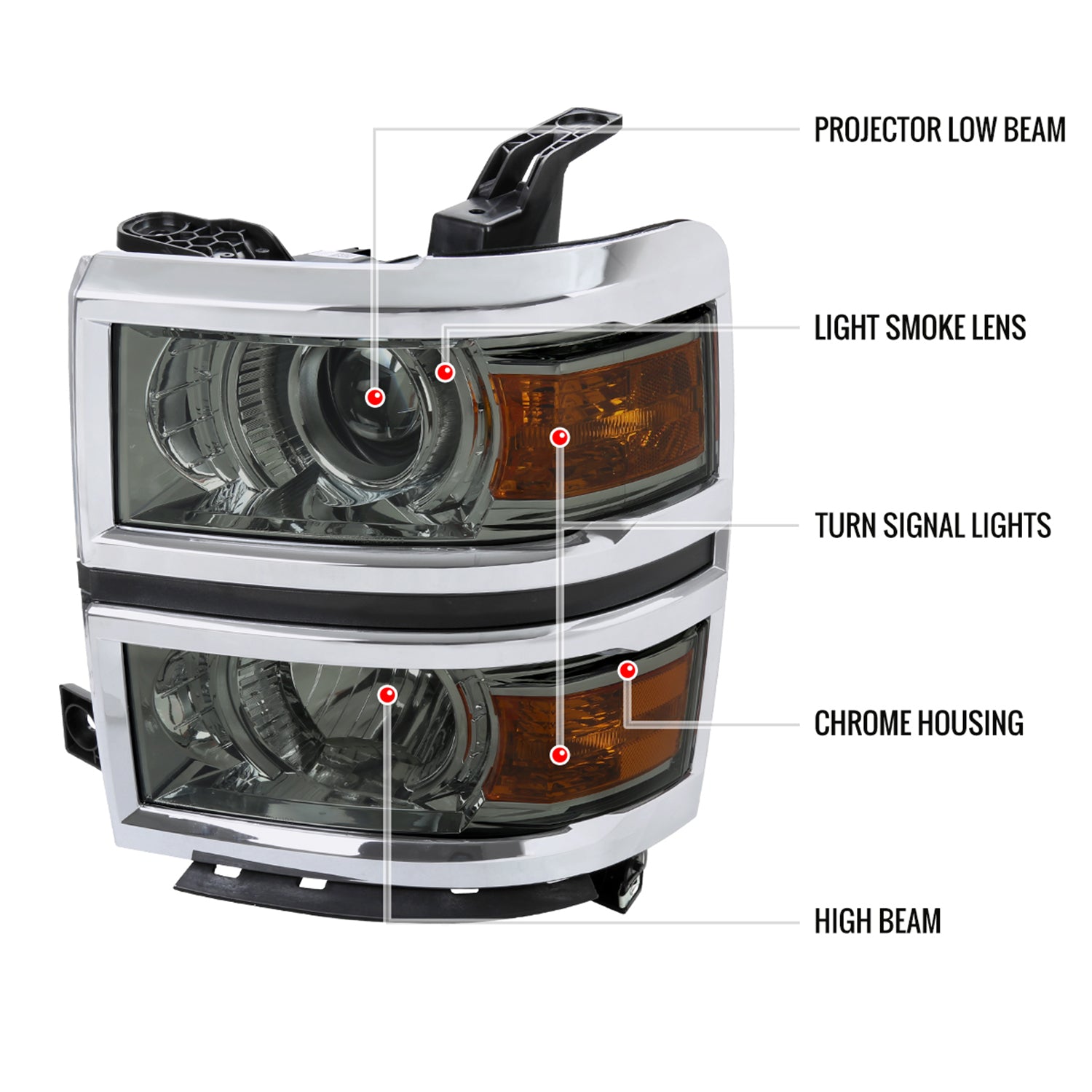 2014-2015 Chevy Silverado 1500 Projector Headlights Trim Chrome/Light Smoke